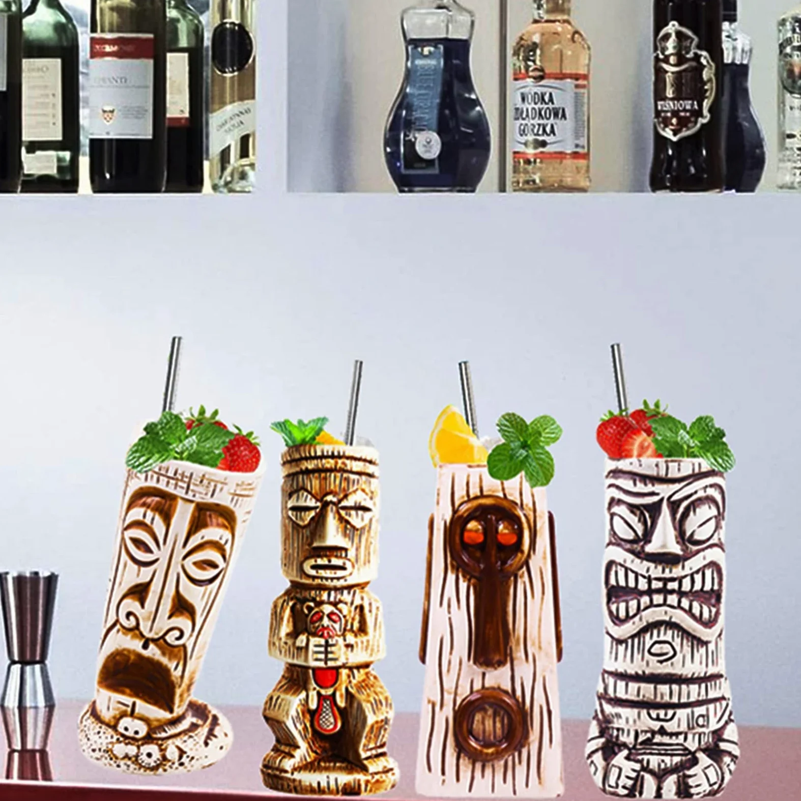 tiki Cocktails Tiki Mugs Ensemble de 4 Tasses à Cocktail en Céramique Verres à Cocktail Exotiques Tiki Bar Professionnel Hawaiian Party Barware tiki mug reutilisable,Beige