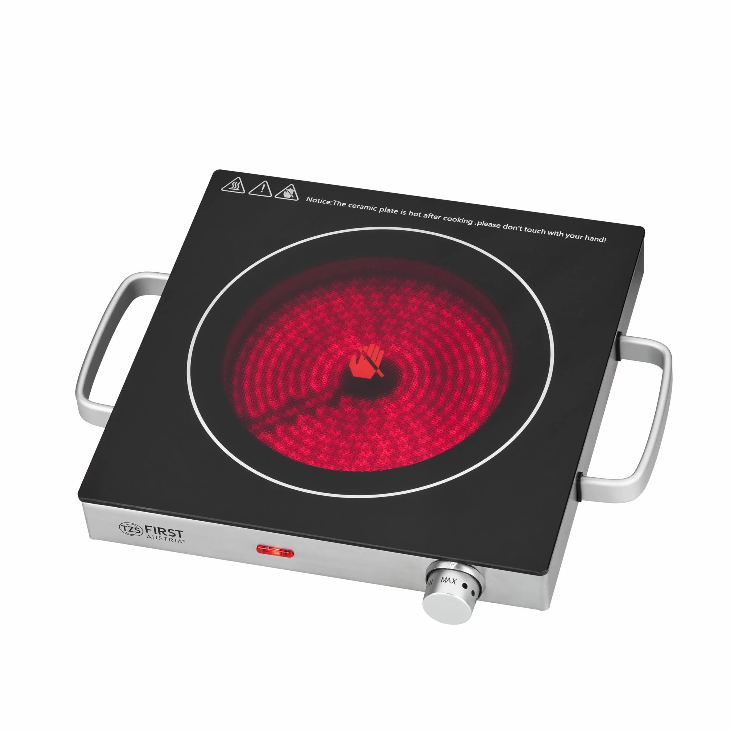 TZS First Austria - Plaque infrarouge - Ø 175 mm - Réchaud portable avec protection antisurchauffe, poignées & thermostat réglable - Vitrocéramique pour tous types de casseroles