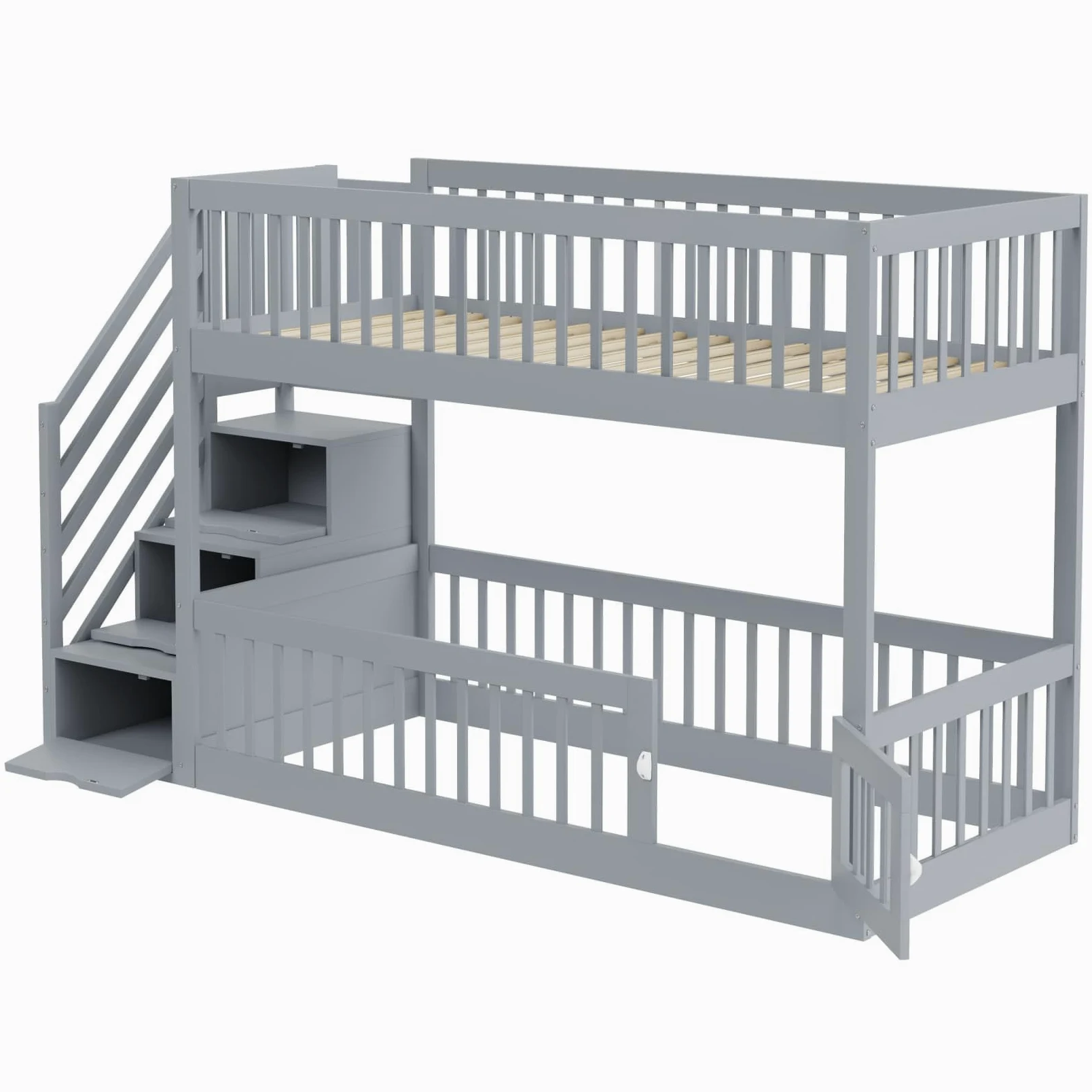 PUGSDRLY Lit Superposé Enfant 90x200cm en Bois avec échelle Rangement,Lit Mezzanine 2 Places avec Sommier à Lattes,Barrière de Sécurité Haute,pour Enfant et Adolescent,sans Matelas (Gris-90)