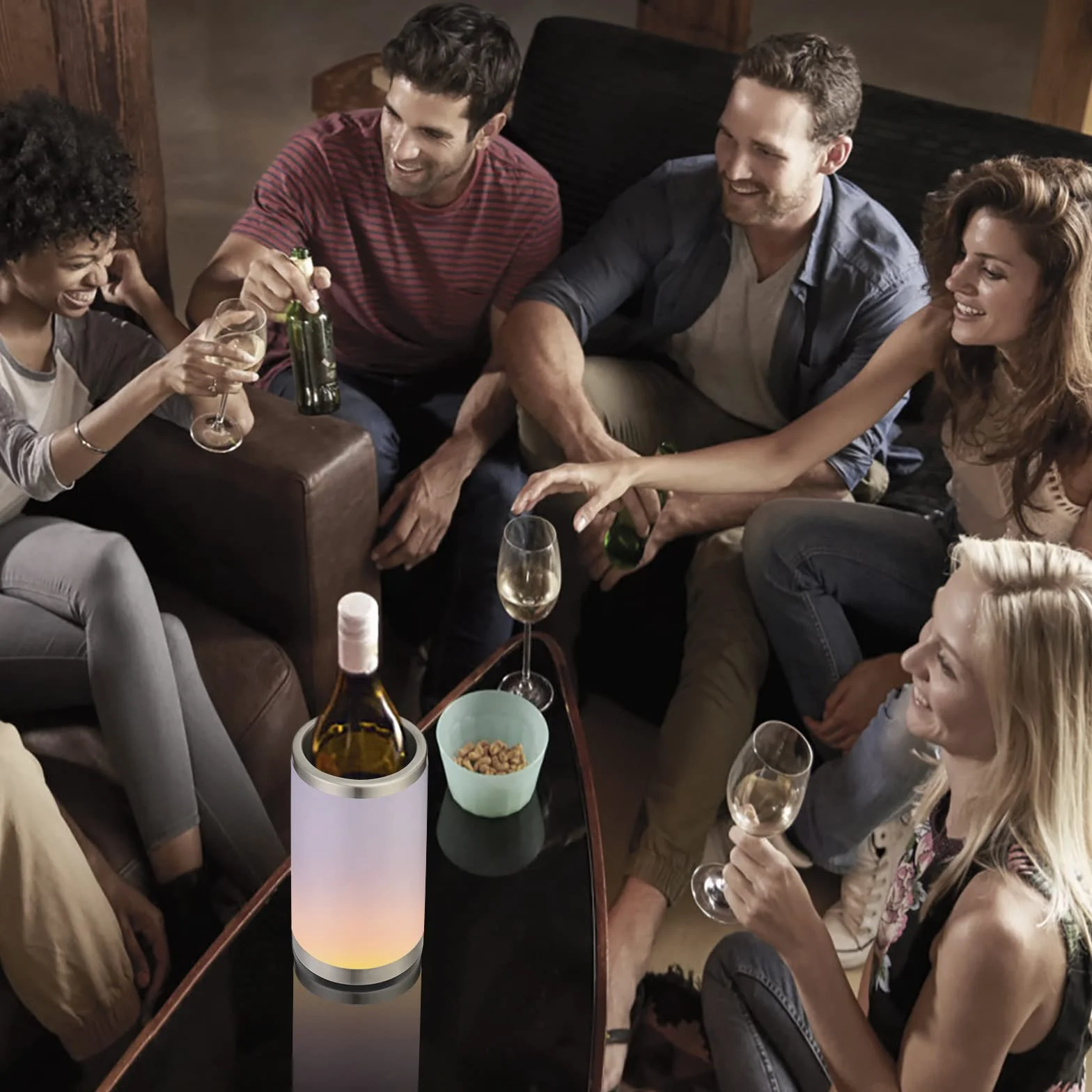 Refroidisseur de Vin avec Lampe Tactile RGB Ambiante Rechargeable| Rafraîchisseur de Bouteille avec 2 Ice Pack pour 750ml de Champagne| Accessoires de Vin pour la Fête/Dîner