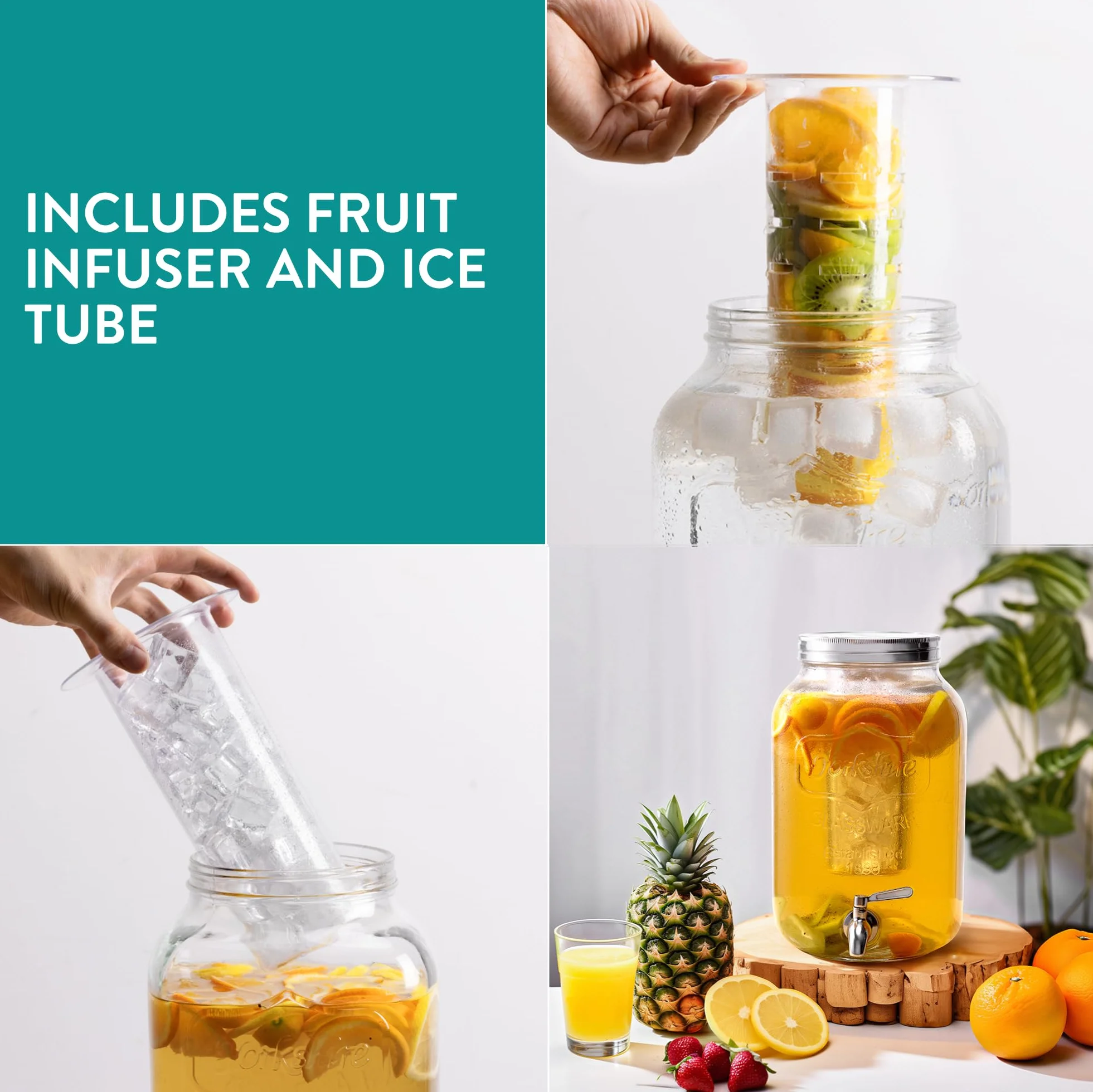 Navaris Distributeur de Boissons avec Robinet - Distributeur Boisson 8 L en Verre avec Couvercle et 2X Insert - Fontaine Eau Cocktail Jus Alcool