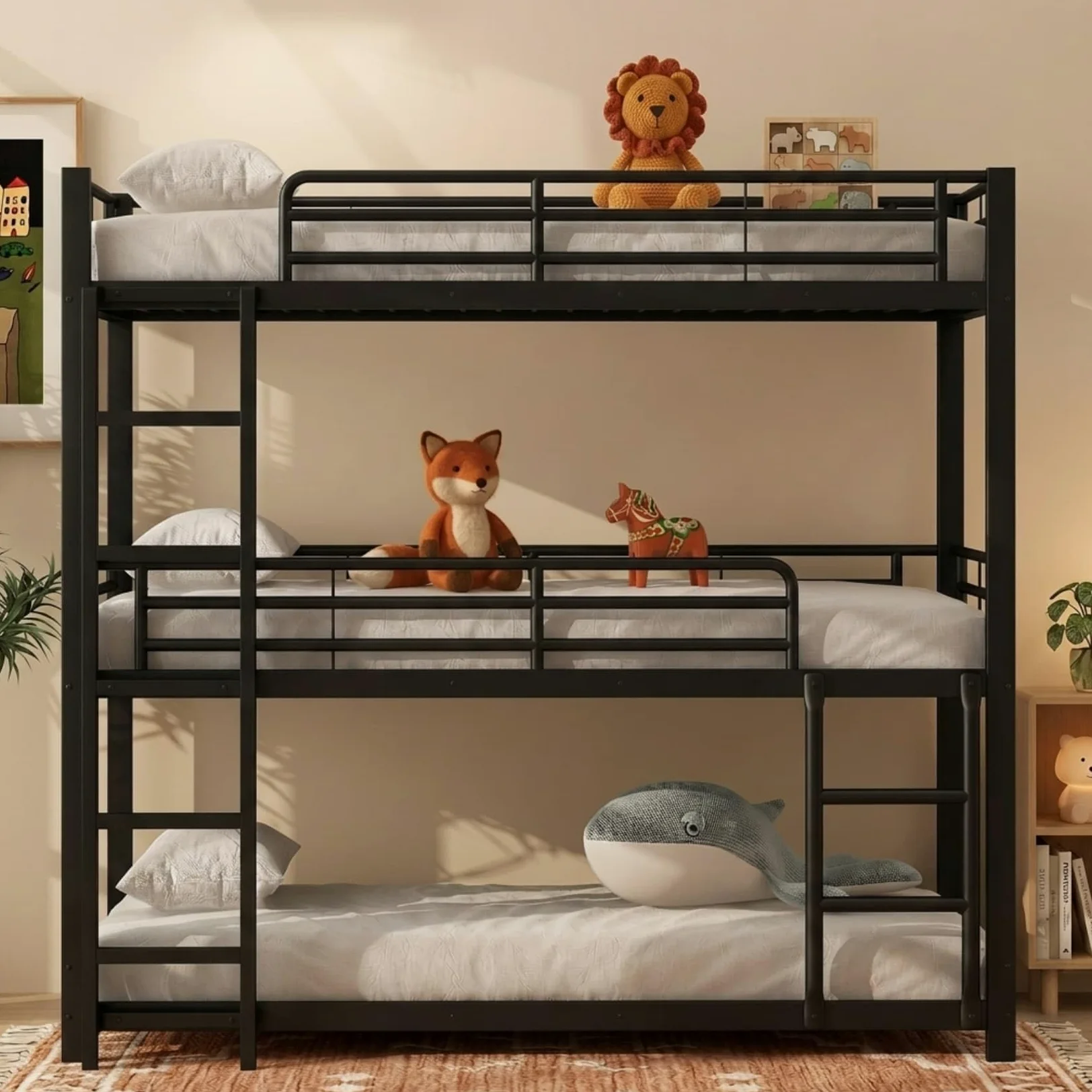 PUGSDRLY Lit Superposé 3 Place 90x200 avec Escalier,Sommier Robuste(B-Noir) | Quatre Barrières Haute,Escalier Robustes,pour Garçons Filles