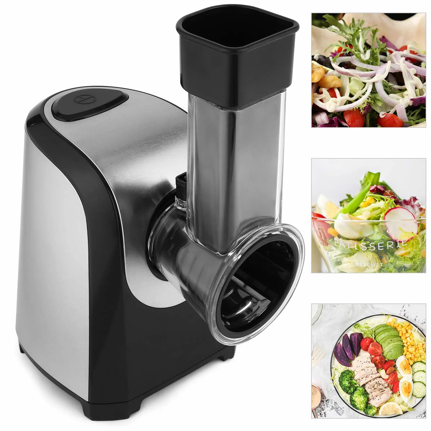 Râpe électrique de légumes et de fruits, coupe-légumes 150 W, coupe-légumes électrique avec 5 accessoires en acier inoxydable cylindres, pour légumes pommes de terre oignon