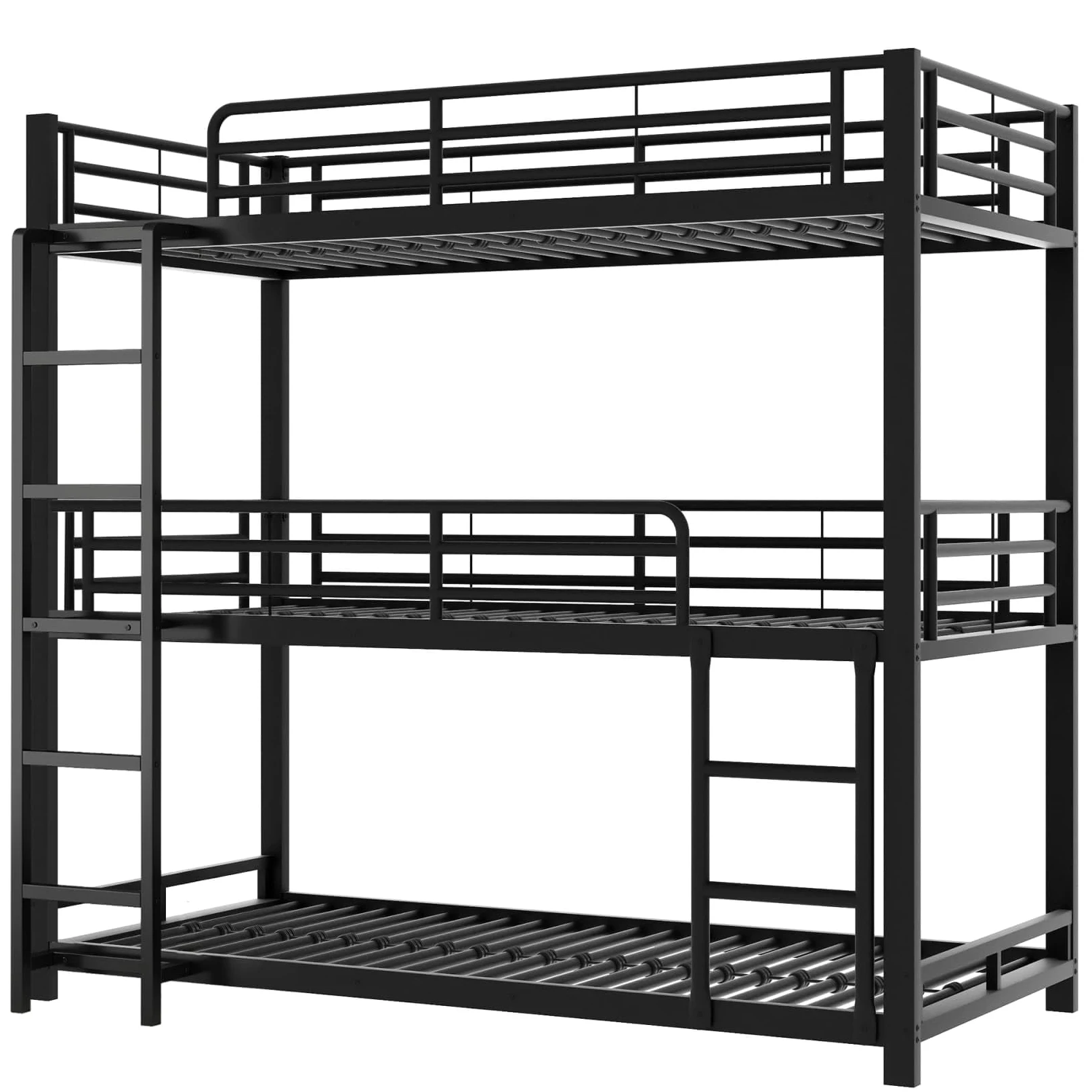 PUGSDRLY Lit Superposé 3 Place 90x200 avec Escalier,Sommier Robuste(B-Noir) | Quatre Barrières Haute,Escalier Robustes,pour Garçons Filles