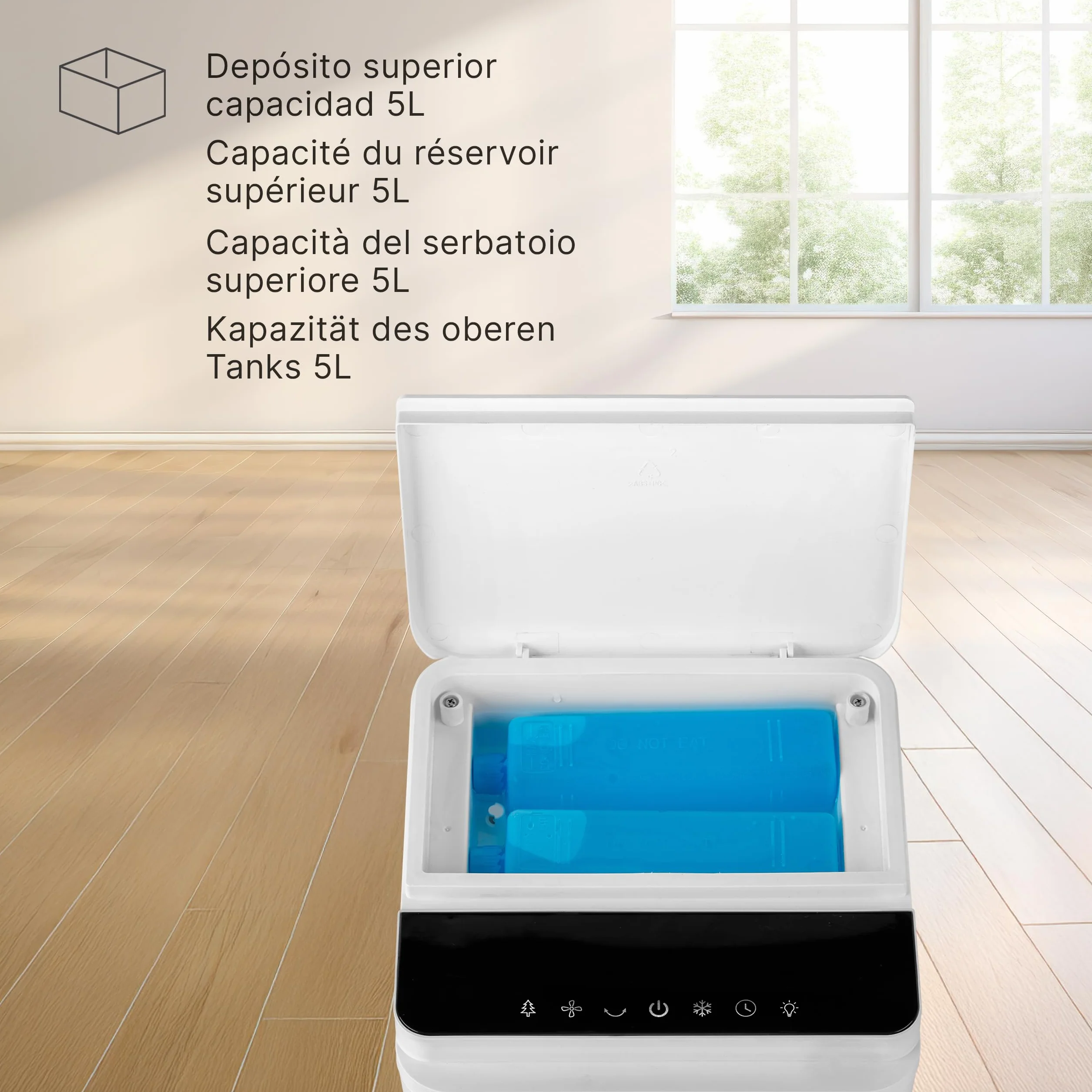 Ufesa Narvik Rafraîchisseur d’Air Évaporatif, 65W, Fonction Air Froid et Ventilateur, 3 Vitesses, 3 Modes, Panneau Tactile, Réservoir de 5L, Minuteur 12h, Filtre Lavable, Télécommande