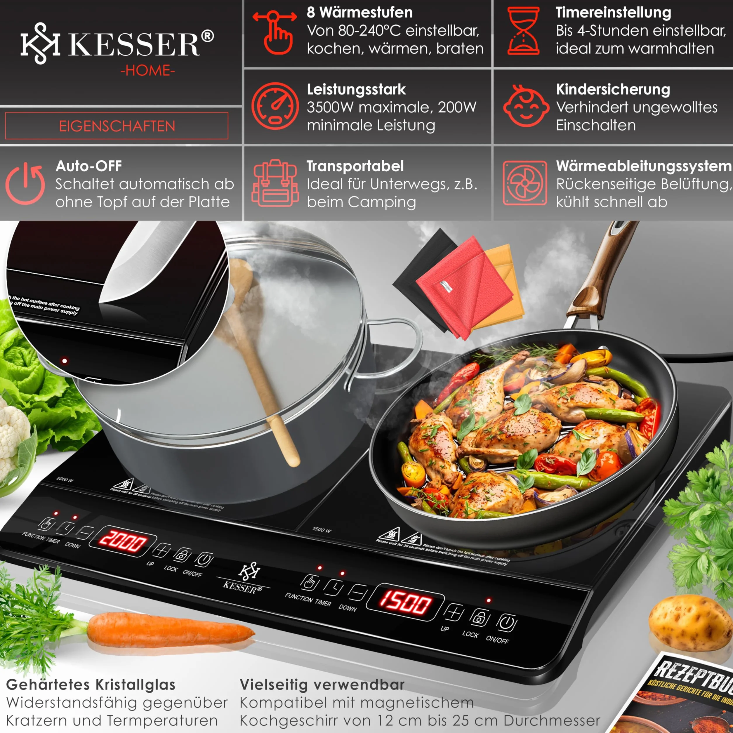 KESSER Plaque de cuisson à induction, 2 plaques, 3500 W, plaque de cuisson portable de 57 cm, 3 chiffons en microfibre + 1 livre de cuisine, 8 niveaux de chauffage, minuterie de 4 heures, contrôle