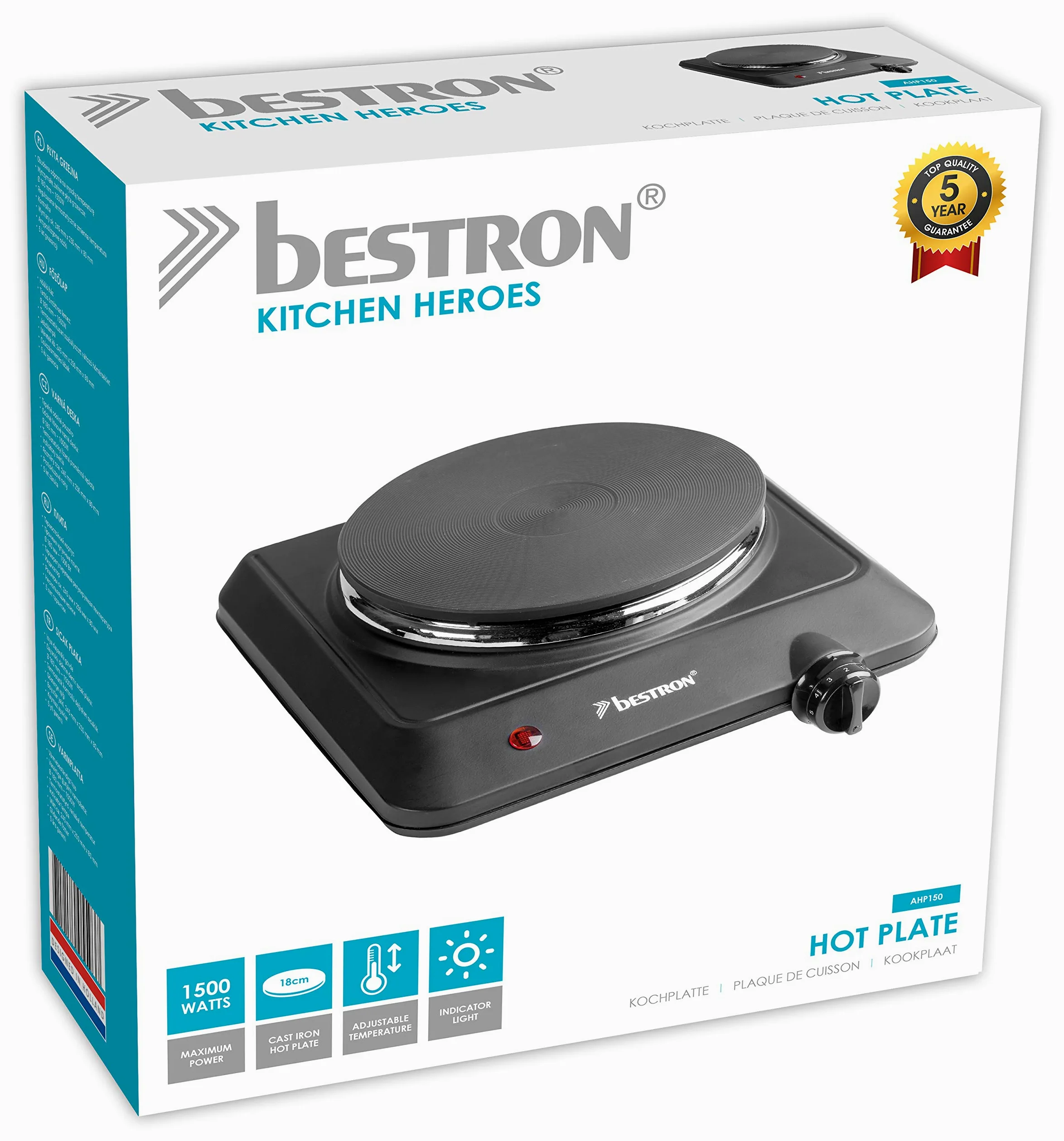 Bestron Plaque de Cuisson Compacte en Fonte, Kitchen Heroes, Ø 18 cm, 1500 Watts, Noir