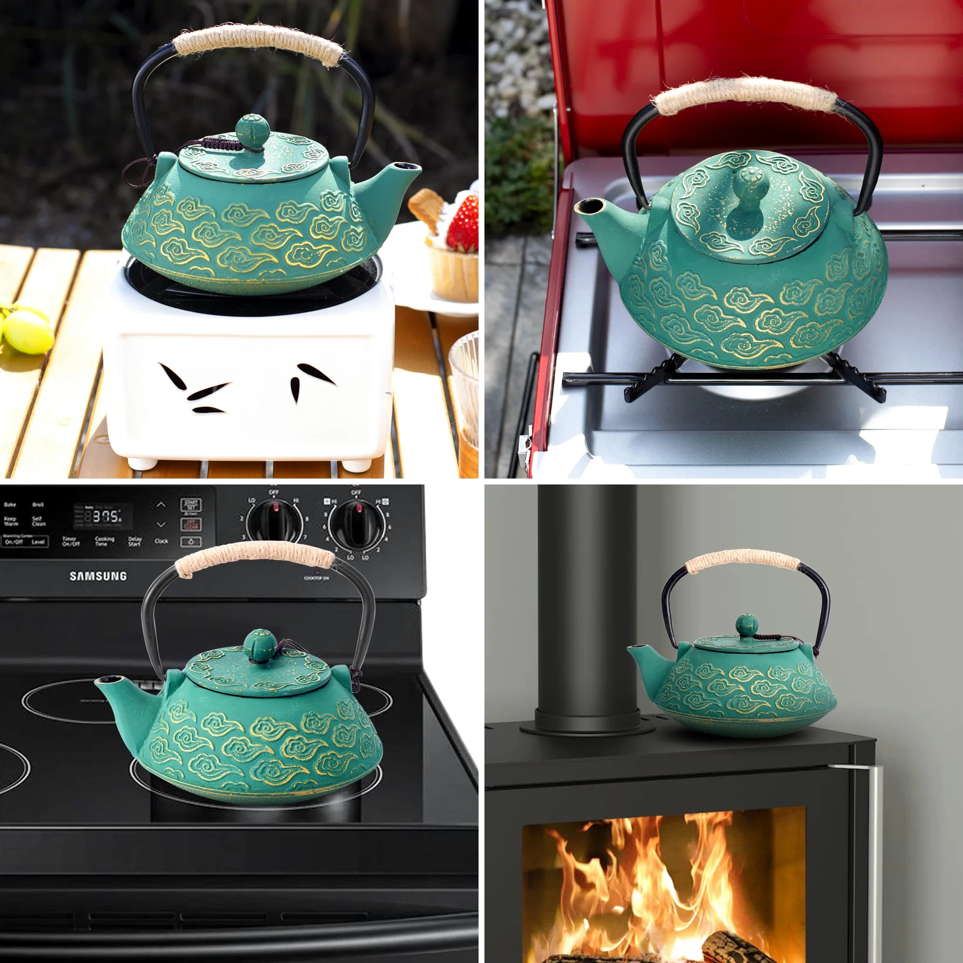 Théière japonaise en fonte avec infuseur pour feuilles en vrac, qui va sur la cuisinière, avec revêtement intérieur émaillé, motif nuages, 800 ml, vert
