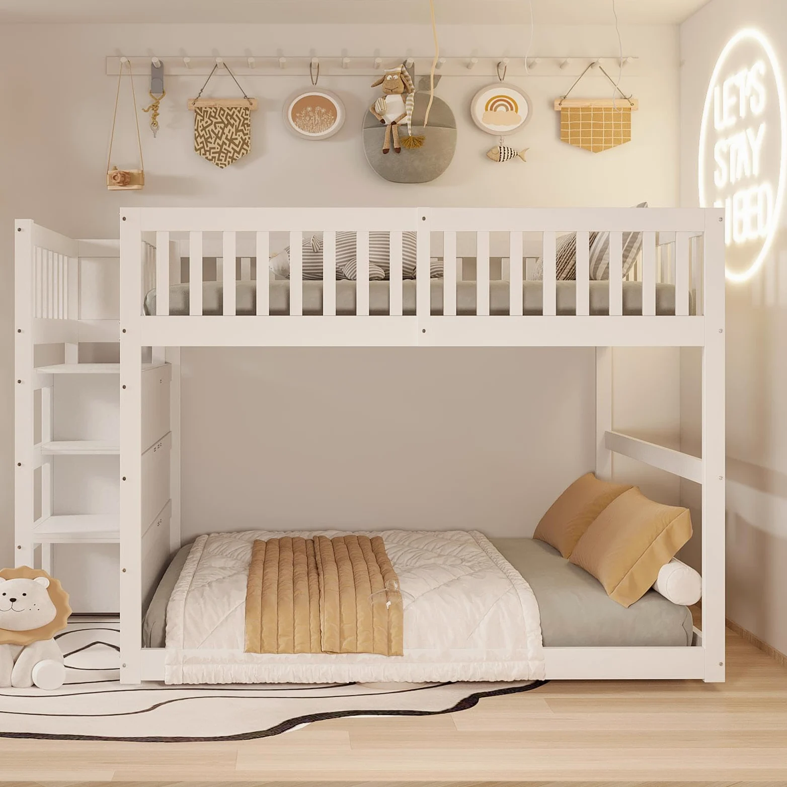 PUGSDRLY Lit Superposé en Bois 140x200cm, 2 Places avec 4 Tiroirs, pour Adolescent et Enfant, Design Clôture Haute, Cadre de Lit (Blanc)