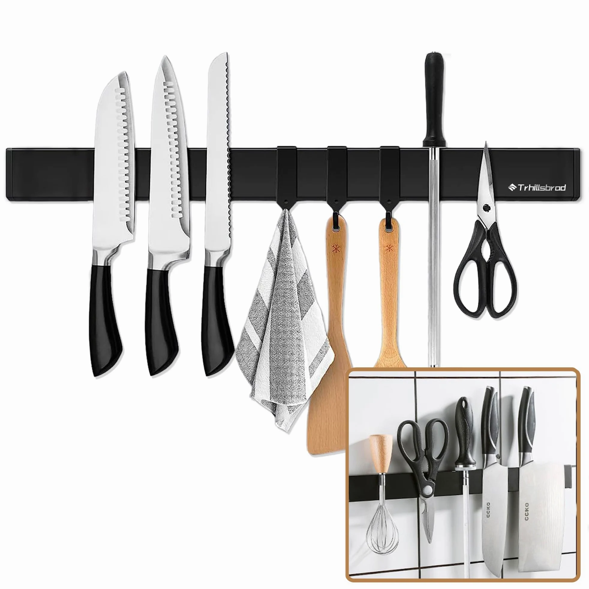 [Amélioré 50 cm] Barre magnétique Trhillsbrad pour couteau, 50 cm, porte-couteaux magnétique avec 3 crochets en acier inoxydable, barre à couteaux autocollante, noire, support mural sans perçage