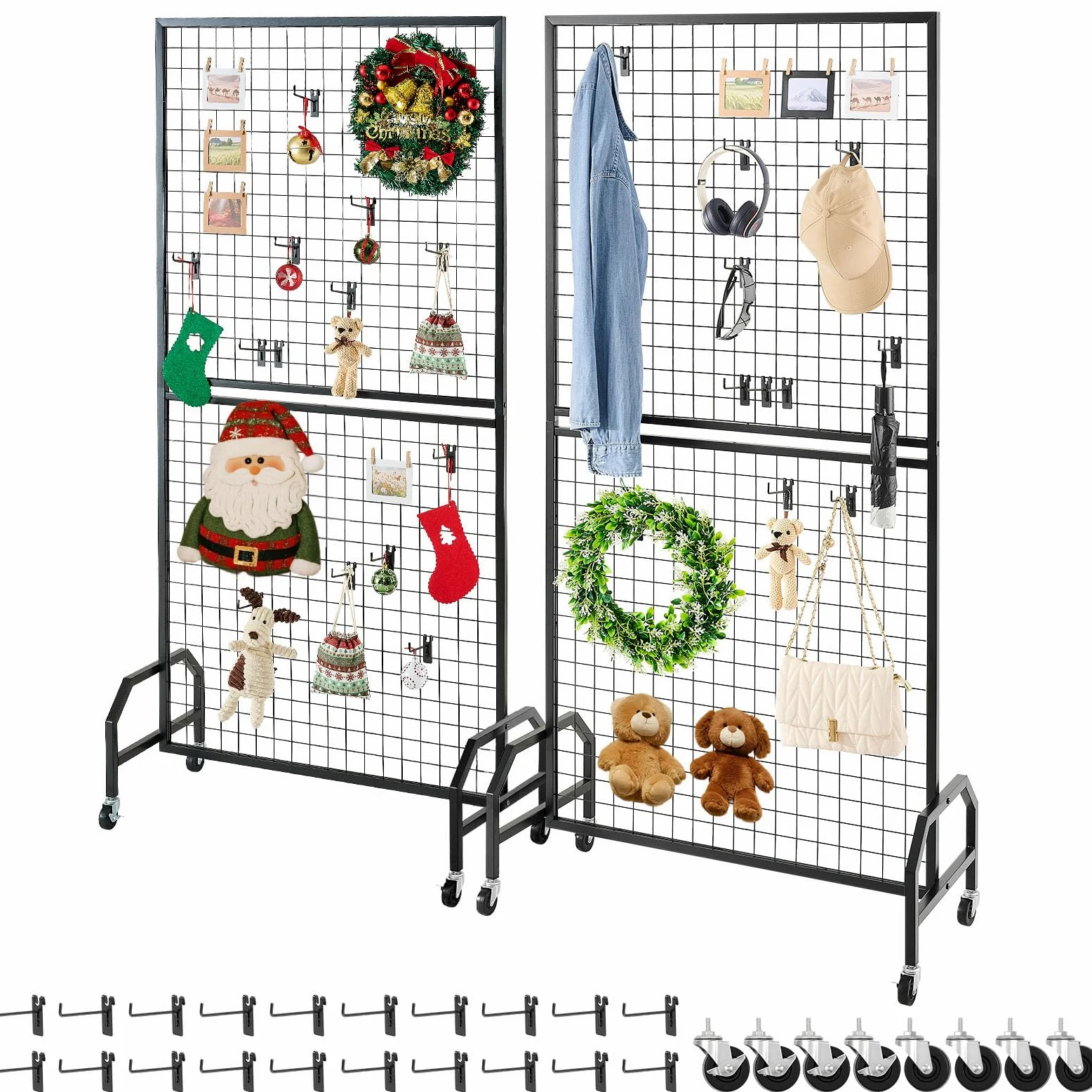 VEVOR Grille d’Exposition sur Pied 2PCs 89,8x179,8 cm, Panneau Grille en Acier Carbone, Présentoir Grillagé Mobile avec Roulettes et 20 Crochets, pour Affichage Présentation Photo Mémo Décoration