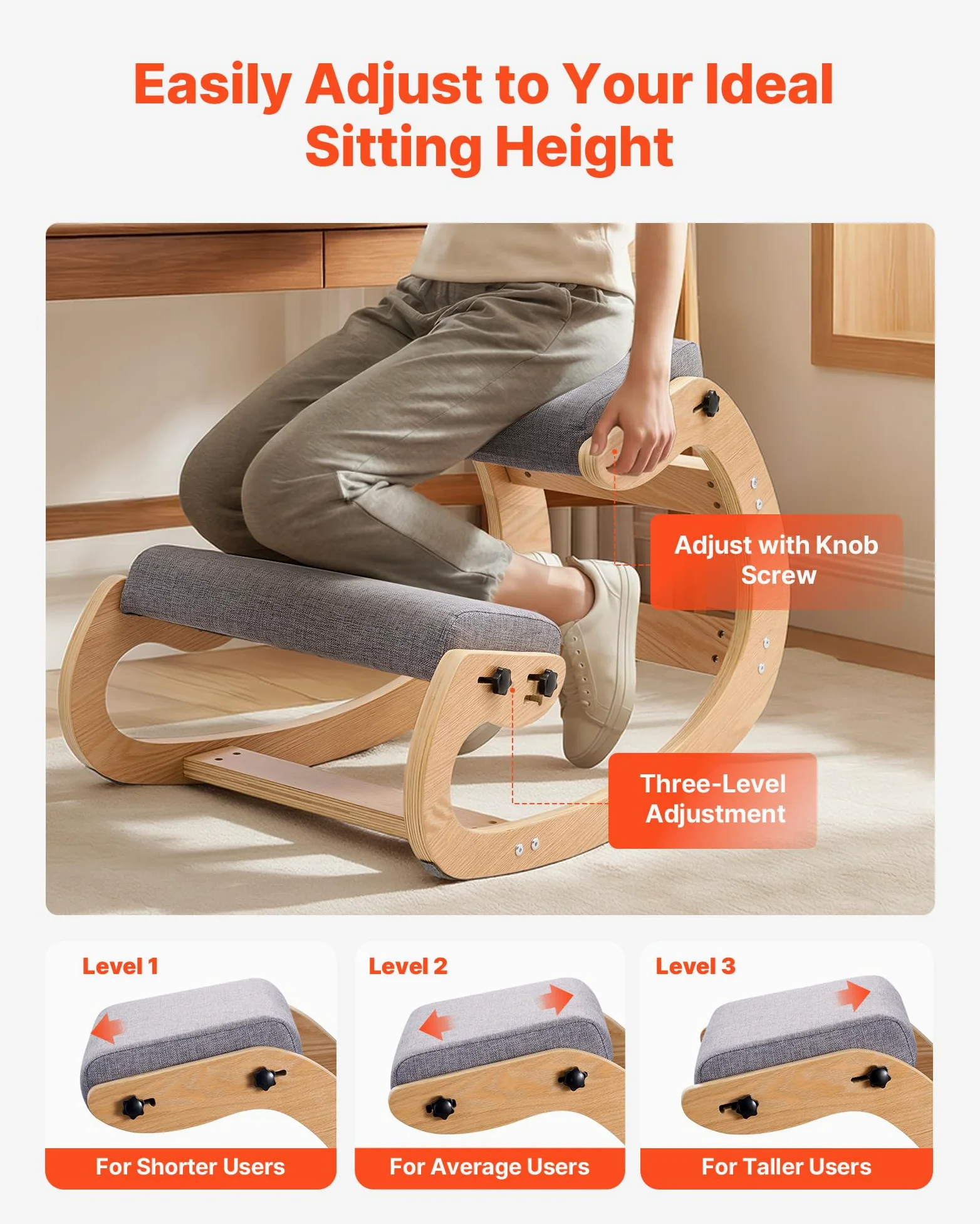 VEVOR Chaise à Genoux Ergonomique, Siège Assis Genoux Coussins en Mousse Épaisse, Réglables à 3 Niveaux, pour Maison Bureau Méditation, Cadre en Bois Massif, Soulage Tensions du Cou et du Dos, Grise