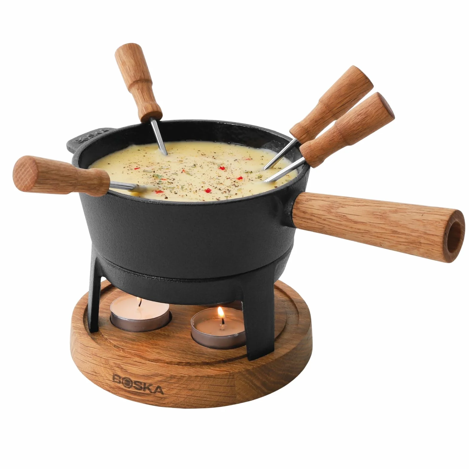 Boska Appareil à fondue Pro S - Fondue - Service à Fondue - Pour 350 gr - Fromage Fondu - inc. Fourchettes - 2 à 4 Personnes - Bois de Chêne & Acier Inoxydable - 700 ml Contenu