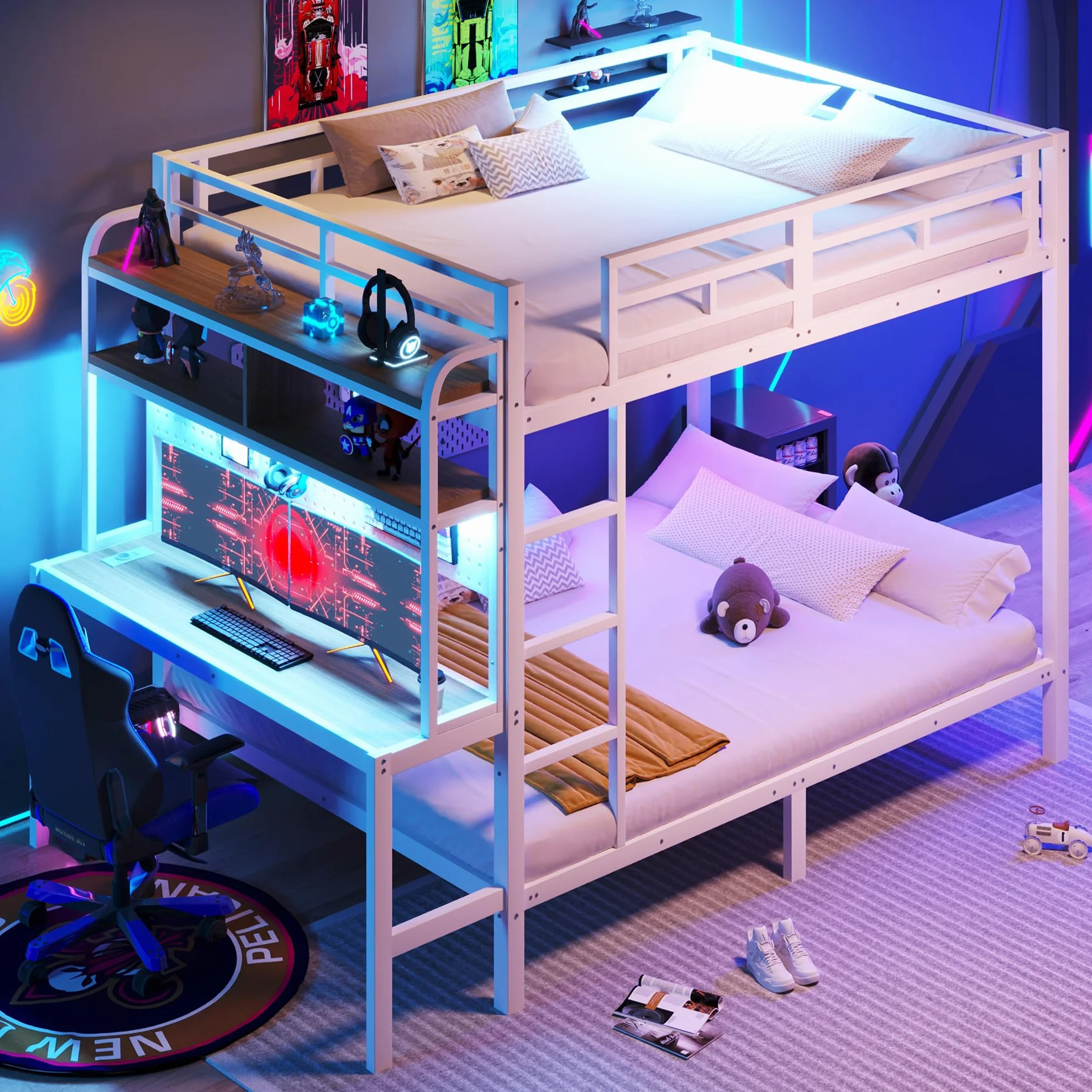 Zepneiy Lit Enfant avec Barre Lumineuse LED et Port USB, Lit Superposé Enfant 140x200 avec échelle de sécurité et Compartiment de Rangement, Cadre de en Fer Blanc(sans Matelas)