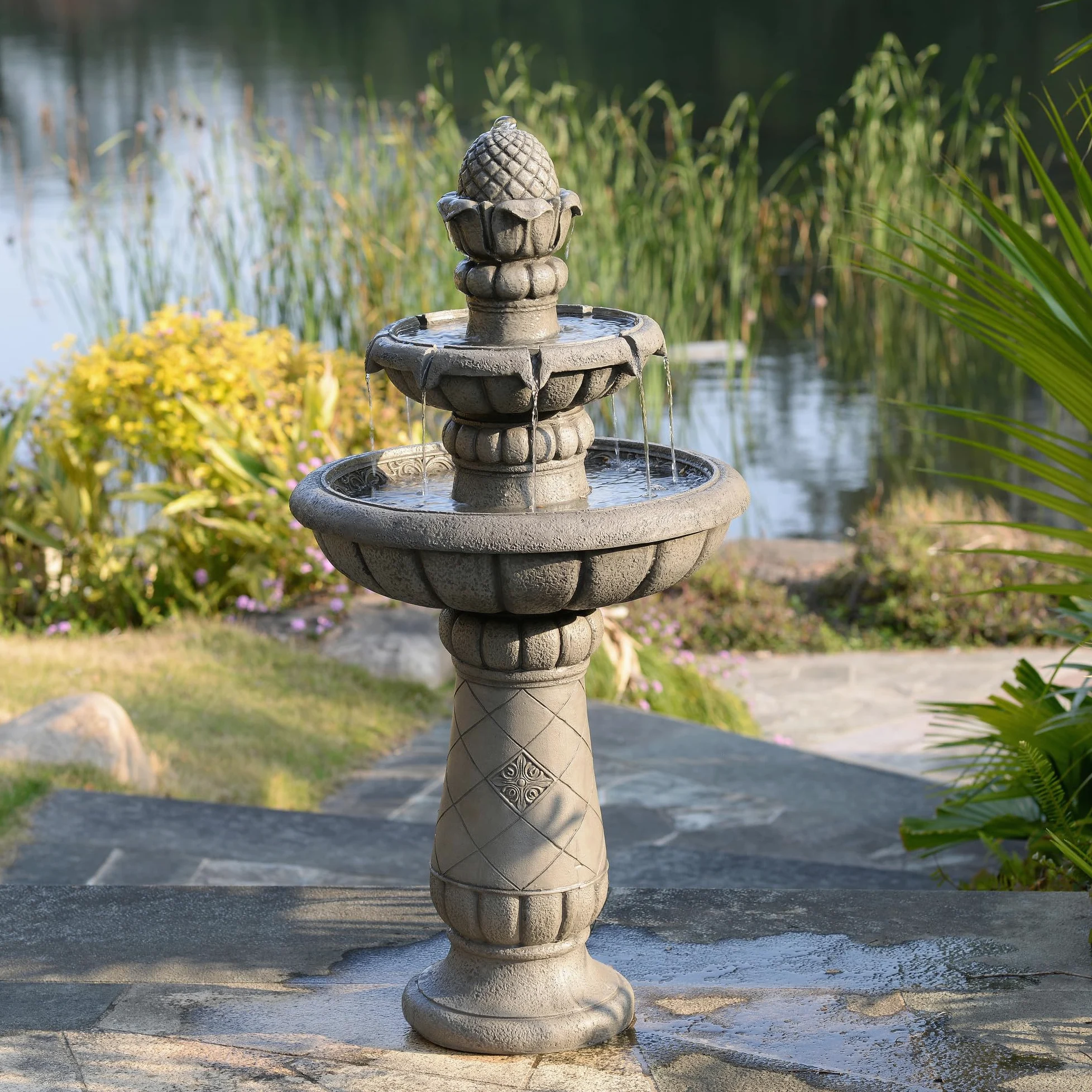 Teamson Home Fontaine Bain d’Oiseaux extérieure 99 cm à 2 Niveaux, Bassin Peu Profond, Finition Pierre Gris Clair, Flux Doux