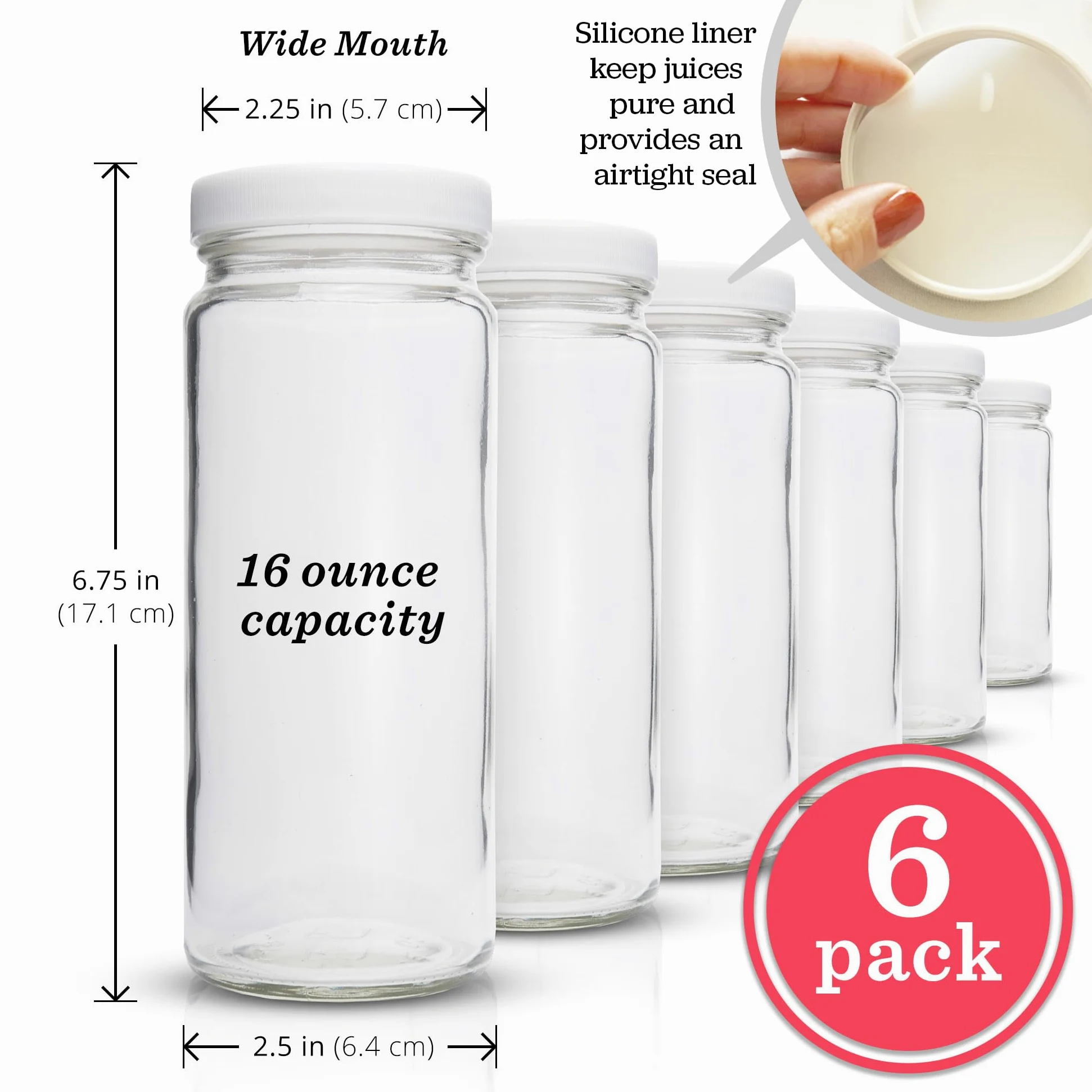 Lot de 6 bouteilles de jus en verre avec couvercles, bouchons blancs, large goulot de 6, réutilisables | Grande ouverture, pour jus de fruits, smoothies, boissons, durable, passe au lave-vaisselle