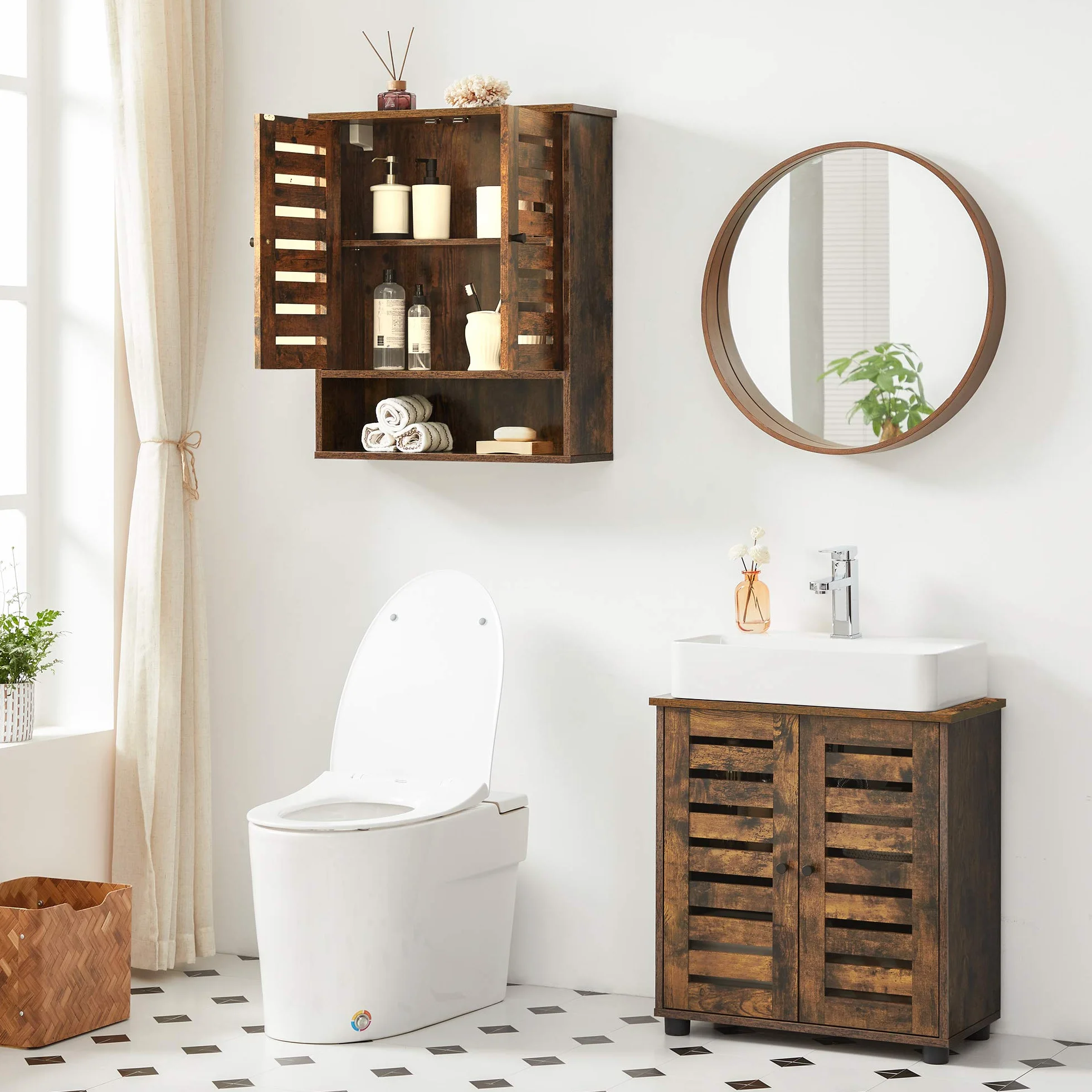 VASAGLE Meuble de Rangement Suspendu pour Salle de Bain, Armoire à Pharmacie, Placard, Compartiment Ouvert, étagère réglable en Hauteur, 60 x 20 x 70 cm, Marron Rustique BBK121X01
