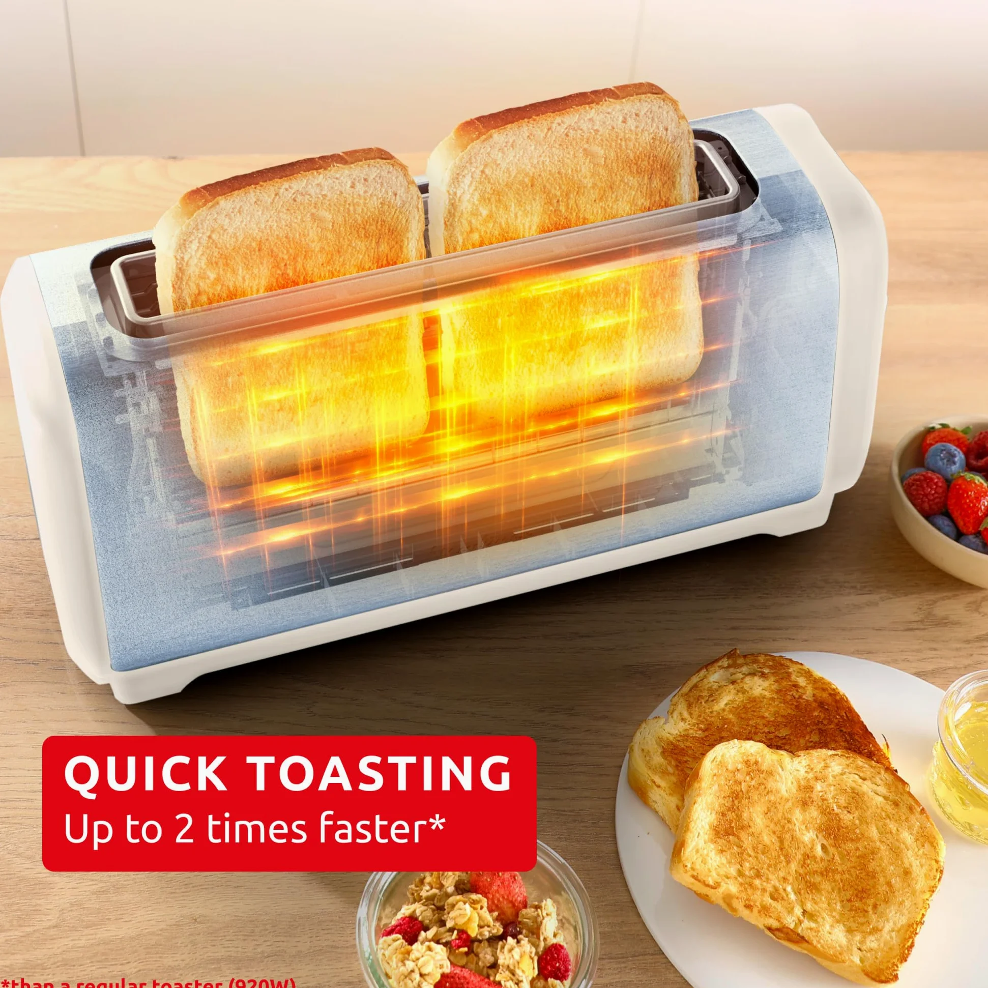 Moulinex Subito, Grille-pain longue fente avec chauffe-viennoiseries, Dorage plus rapide, Économies d'énergie, Rise et inox, LS5S1AE0