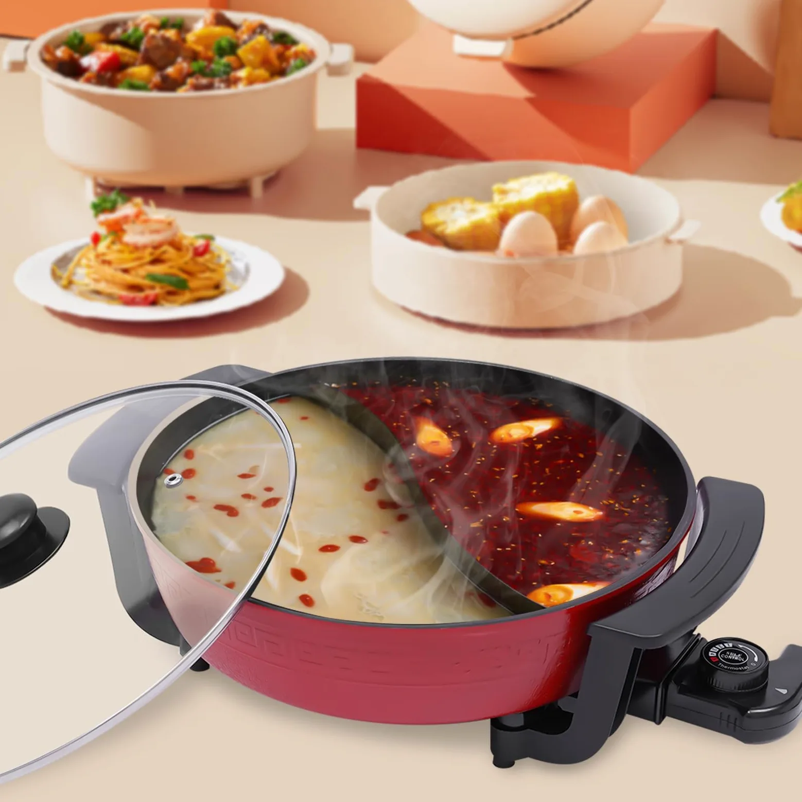 1300W 6L Twin Hot Pot Pot Pot avec couvercle Hotpot électrique 2 Pièces Cuisine Cuisine Outil de cuisine Rouge