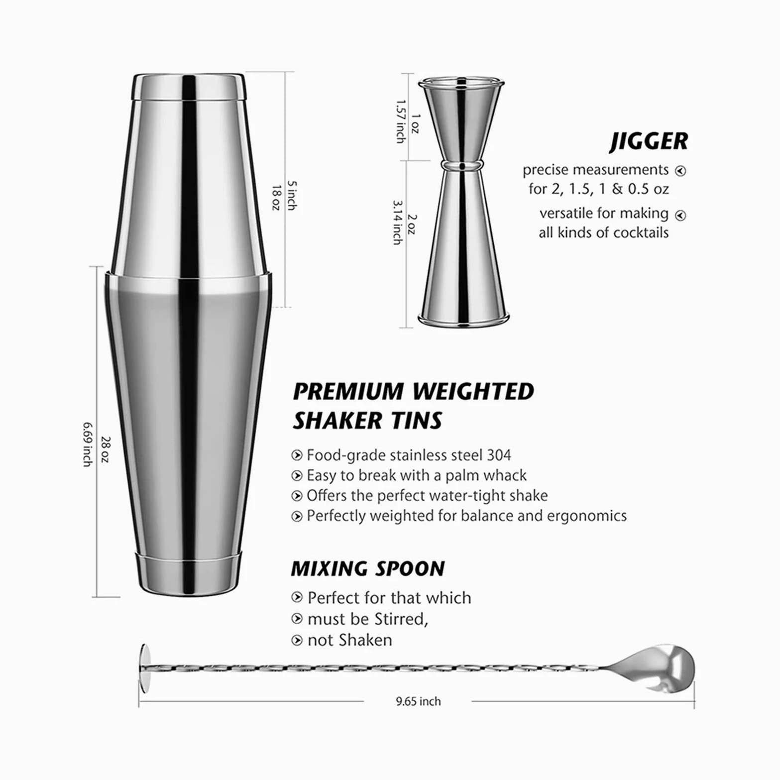 Shaker Cocktail Cocktail Shaker 3 pièces KIT BARTANDER Baring Professionnel BARINGE Tower Inoxydable Boston Shaker for BARES, Homes, Fêtes Set à Cocktail