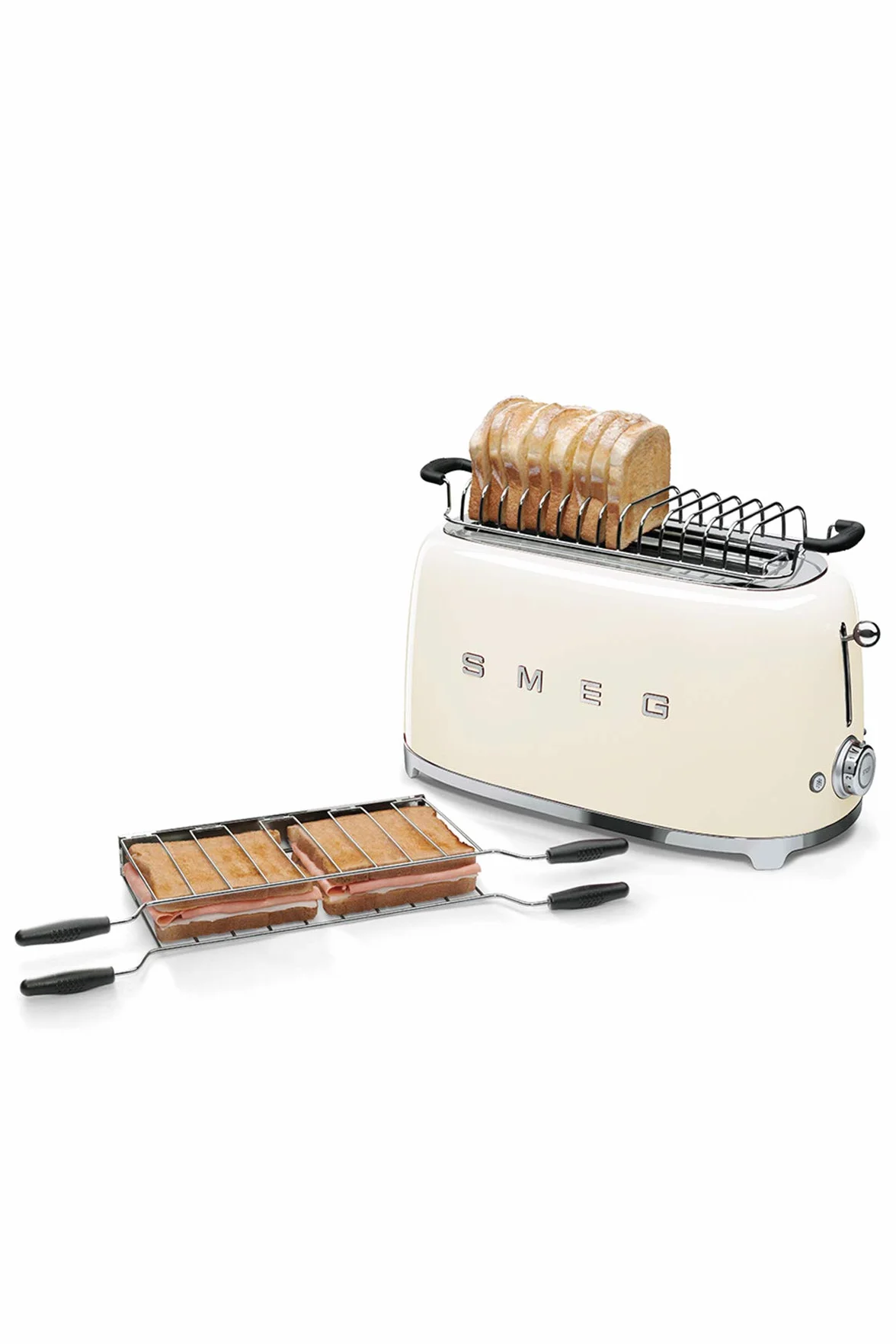 Smeg, Grille-pain 4 Tranches TSF02CREU, 2 Fentes 36 mm, 6 Niveaux de Brunissage, Fonction Chauffage, Décongélation et Bagel, Éjection Automatique du Pain, Ramasse Miettes, 1500 W, Crème