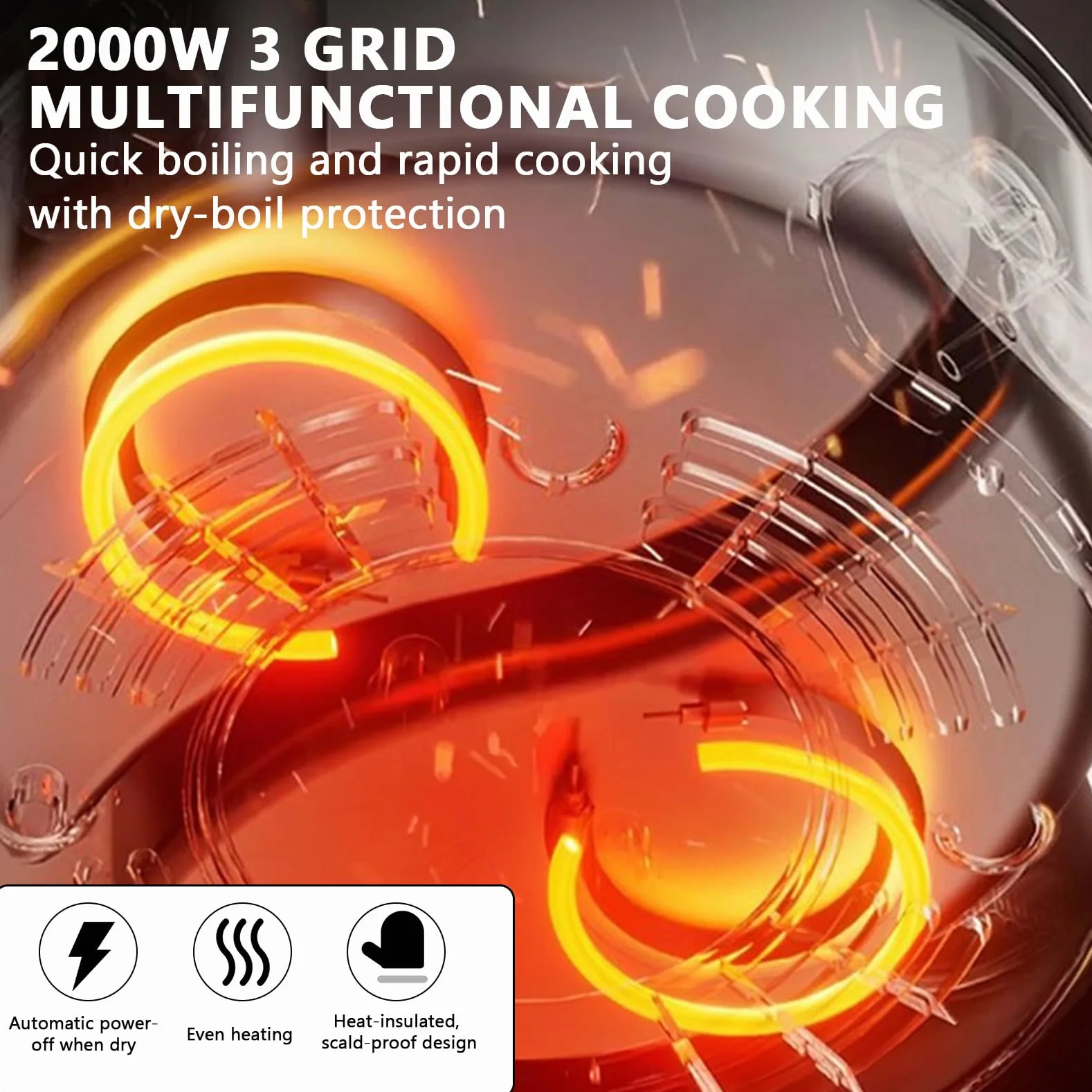 Hotpot Casserole électrique 5,3 l avec chauffage rapide et trois boutons rotatifs, 1600 W avec revêtement antiadhésif, 3 niveaux de réglage de la température, pour steak, fondue, légumes