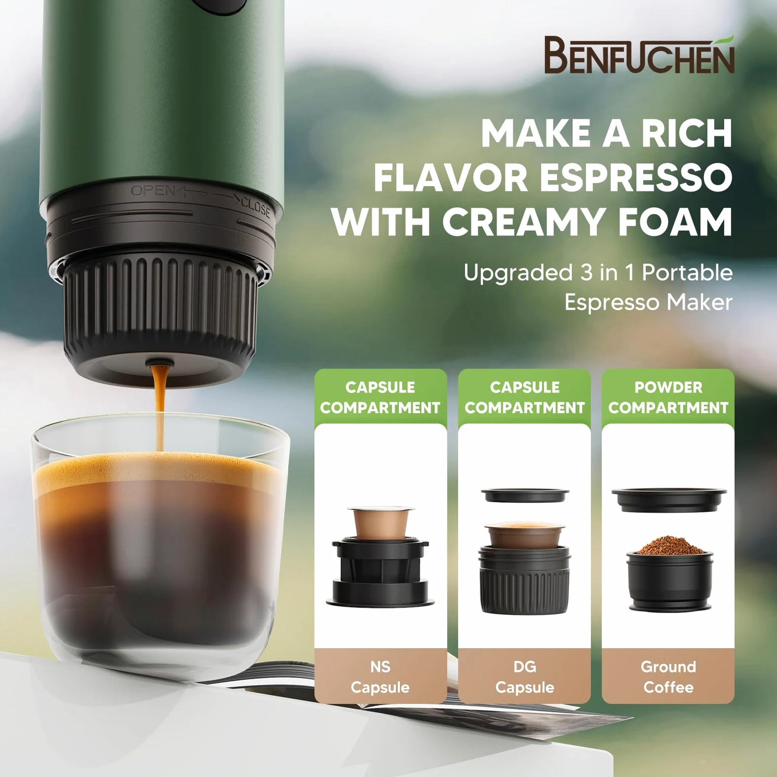 Machine à expresso portable 3 en 1 à 19 bars avec chauffage automatique, compatible avec les capsules NS et DG ainsi que le café moulu pour le camping, la randonnée, les voyages et la maison