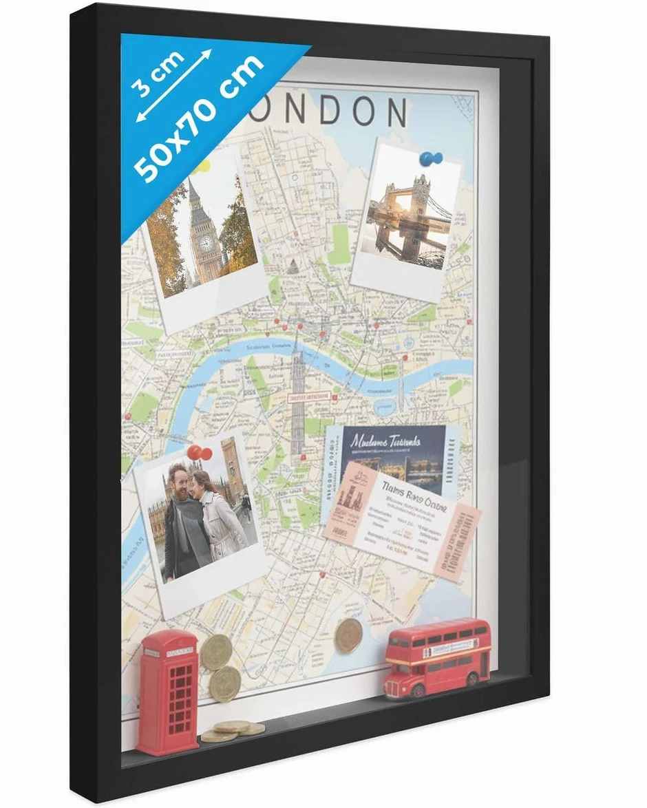 PHOTOLINI Cadre Photo 3D à remplir 50 x 70 cm Noir, Cadre boîte Profond, pour Objets jusqu'à 3 cm, Bois MDF, Verre Acrylique - pour Les Loisirs créatifs & comme Cadeau