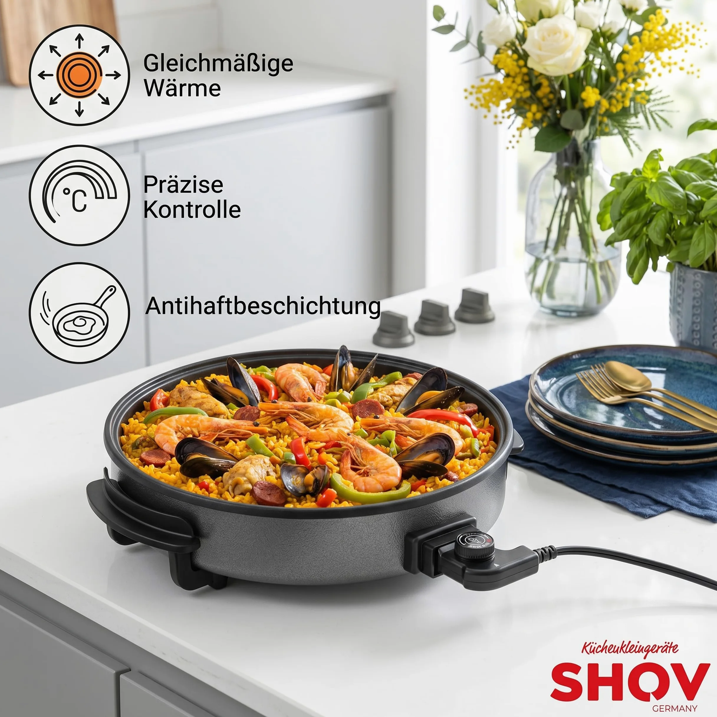 Shov Poêle à pizza électrique et cocotte multifonction, taille XL, 48 cm de diamètre, 7 cm de profondeur, avec revêtement antiadhésif et couvercle en verre, 1500 W, thermostat réglable pour pizza