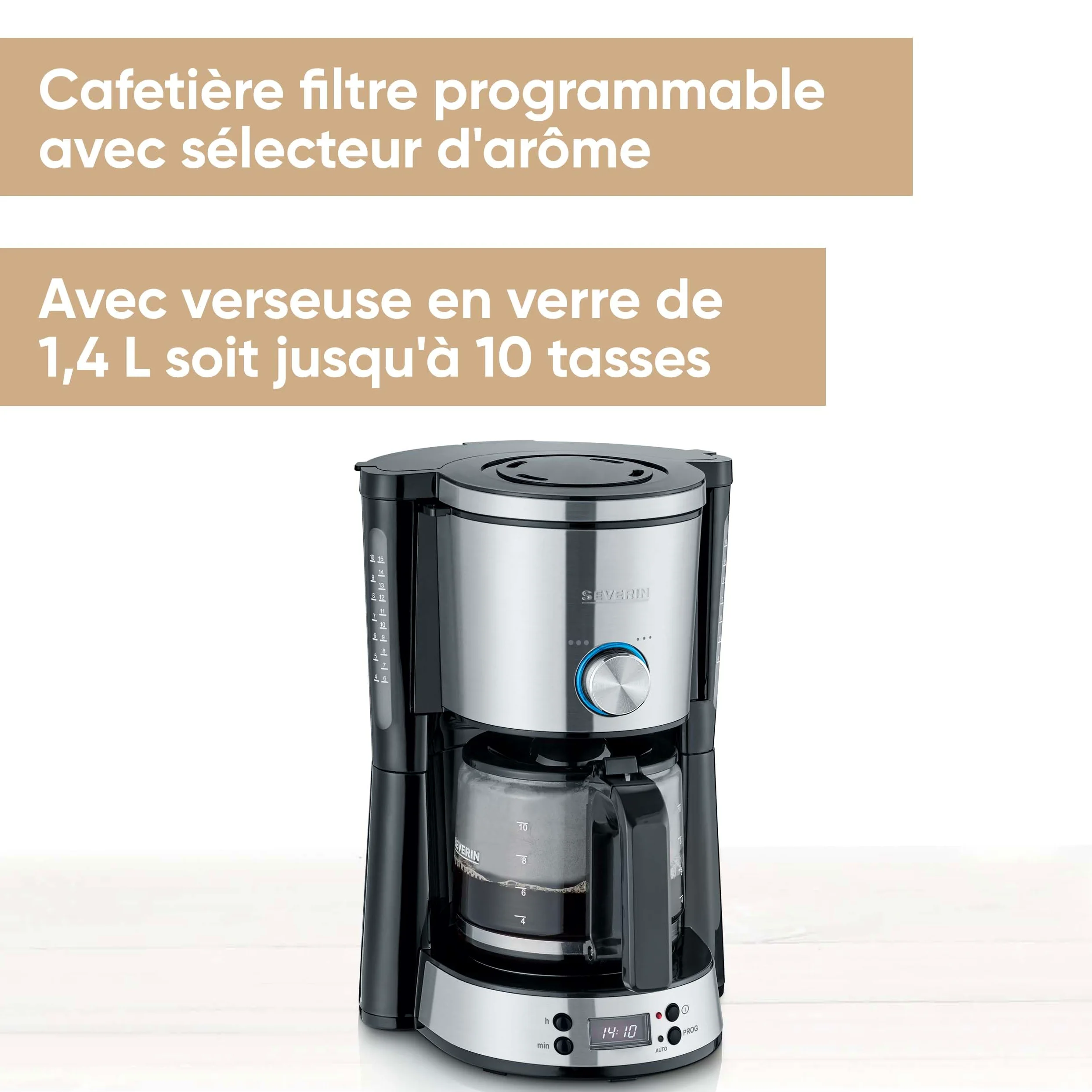 Severin Cafetière Programmable "TYPE Switch", 1000 W, jusqu‘à 10 tasses, AromaSwitch, Sélecteur d'arômes, Noir/Inox, KA 4826