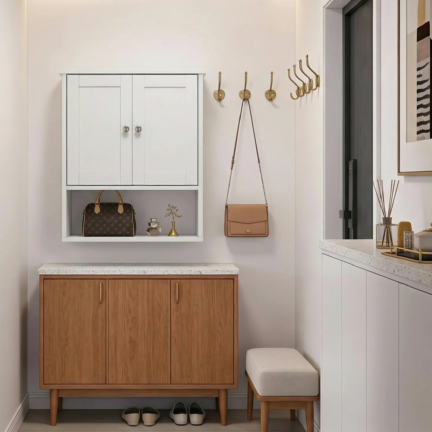 LEADZM Armoire Murale Salle de Bain, Meuble WC Suspendu avec 2 Portes, Étagère Réglable, Placard de Rangement pour Toilette, Salon (Style 2, Blanc)
