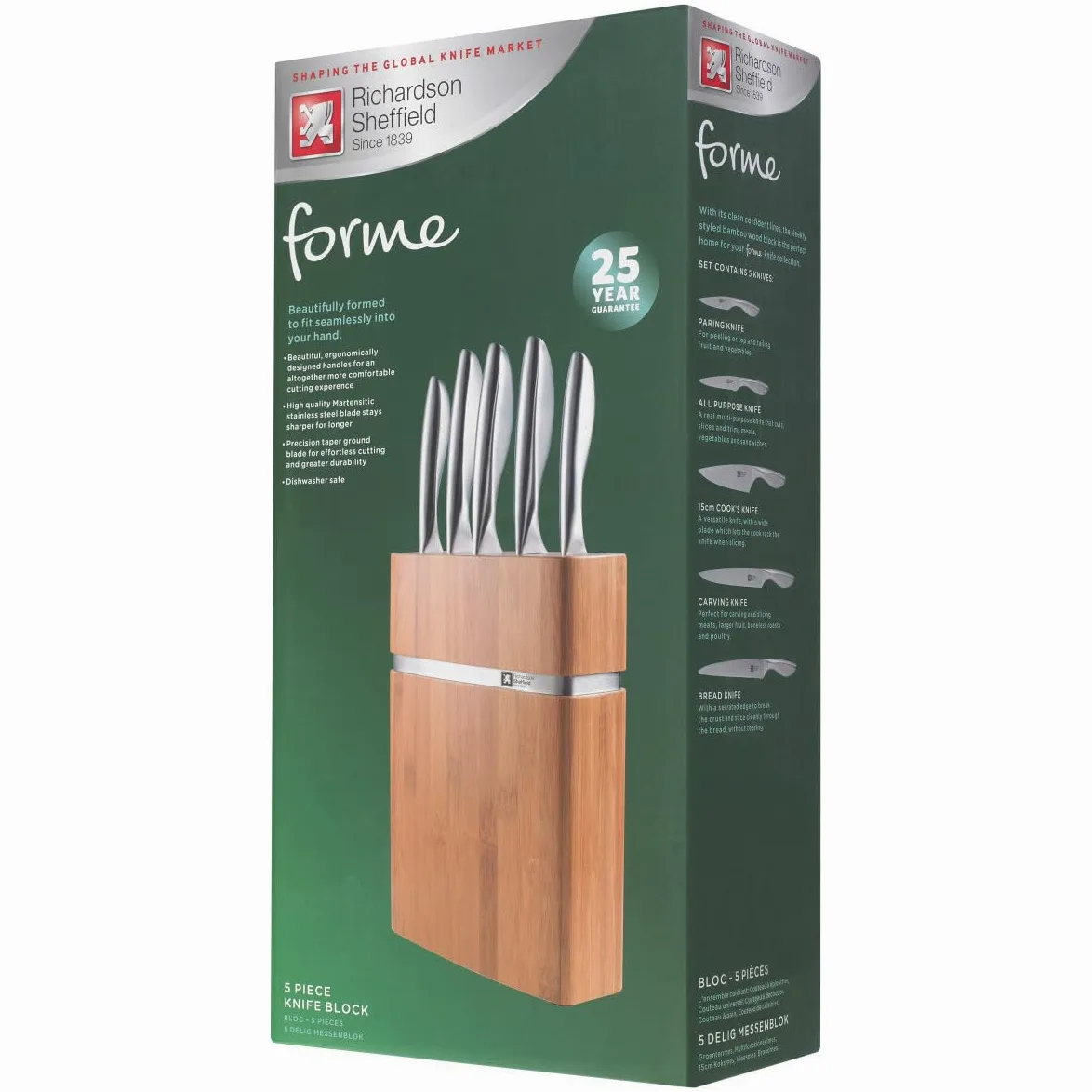 Richardson SHEFFILED - Bloc avec 5 Couteaux de Cuisine : Office, utile, Chef, découper et Pain - Forme - Acier 13 C Finition Manche Toucher sensitif Tout INOX - 18 x 7.5 x 18 cm - INOX/Bois