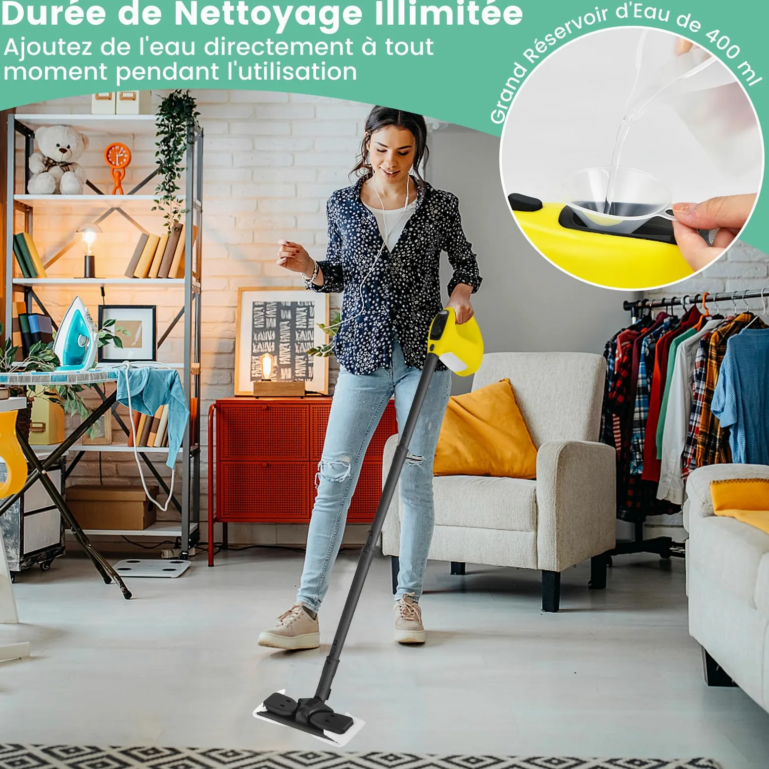 COSTWAY Nettoyeur Vapeur Portatif 1400W avec 14 Accessoires, Balai Vapeur Durée d'Utilisation Illimitée Réservoir d'Eau 400 ml, Nettoyant Vapeur pour Canapé Vitre Plancher Tapis Rideaux (Jaune)