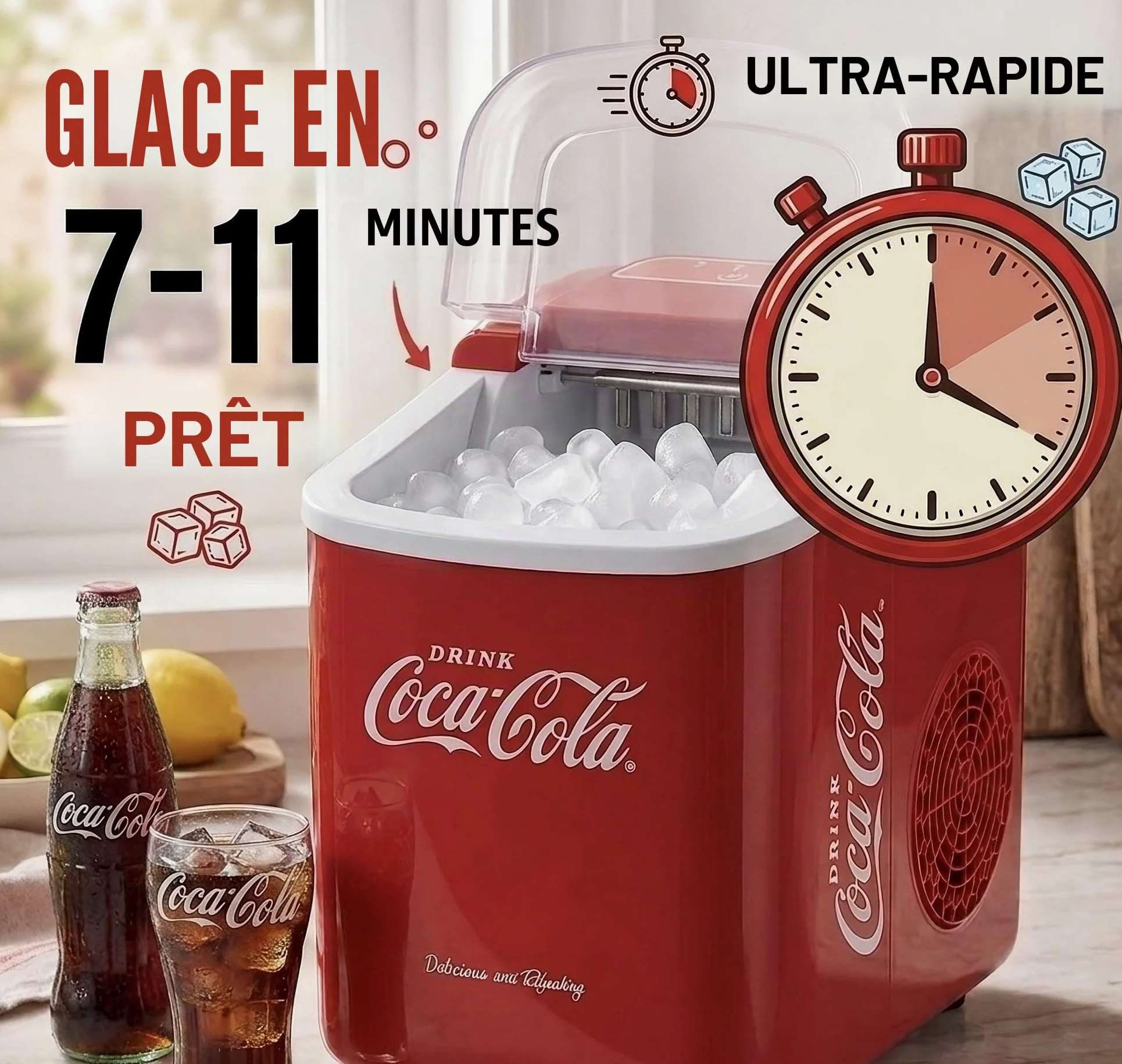 Machine à glaçons Salco Coca-Cola – Fabricant de glaçons avec 2 tailles de glaçons – Design rétro rouge – Machine à glaçons portable pour cocktails, boissons et soirées (10 kg par 24 heures - Rouge)