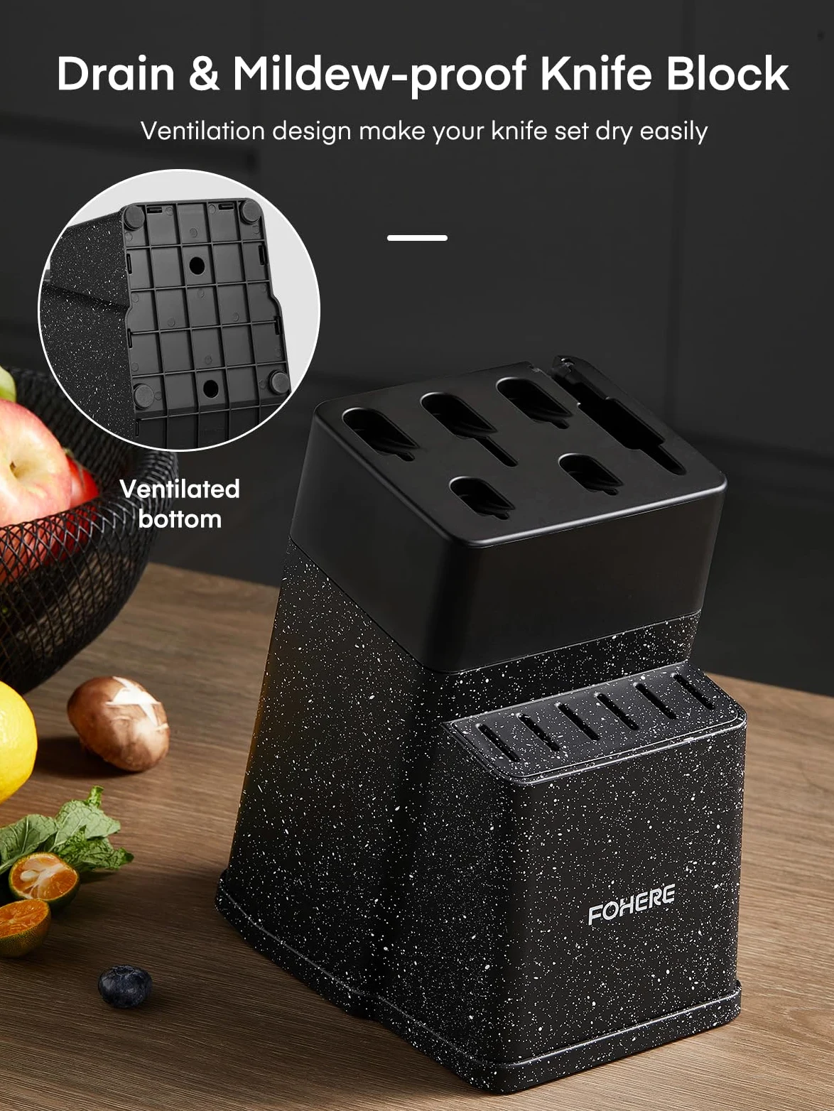 Couteaux de Cuisine avec Bloc, FOHERE 13 Pièces Couteaux de Table en Acier Inoxydable avec Affûteur Intégré, Bloc de Couteaux Professionnel avec Support,Granit Noir