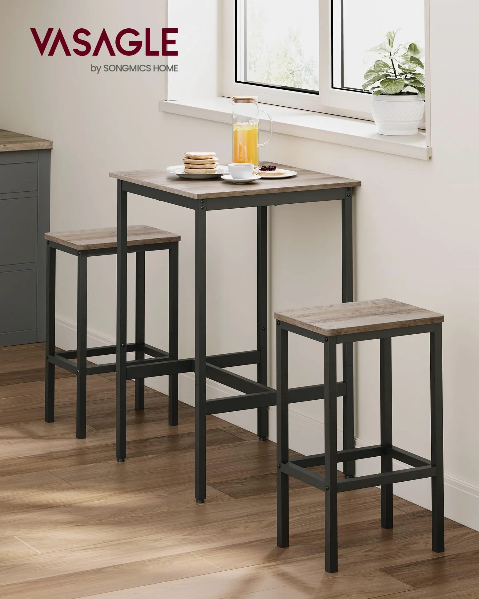 VASAGLE Ensemble Table de Bar avec Tabourets, Table à Manger avec 2 Chaises, Petite Table de Cuisine, Chaises de Bar, pour Salle à Manger, Cuisine, Grège Chiné et Noir d'encre LBT017B02