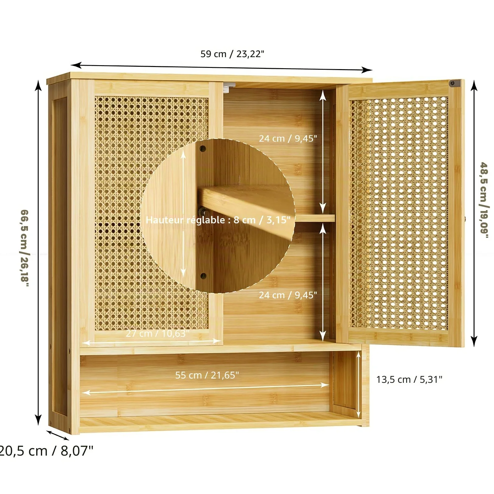 unho Meuble Salle de Bain en Bambou: Armoire WC Mural Rangement de Toilette Suspendu Placard Mural avec Étagère Hauteur Réglable - 59x20.5x66.5cm
