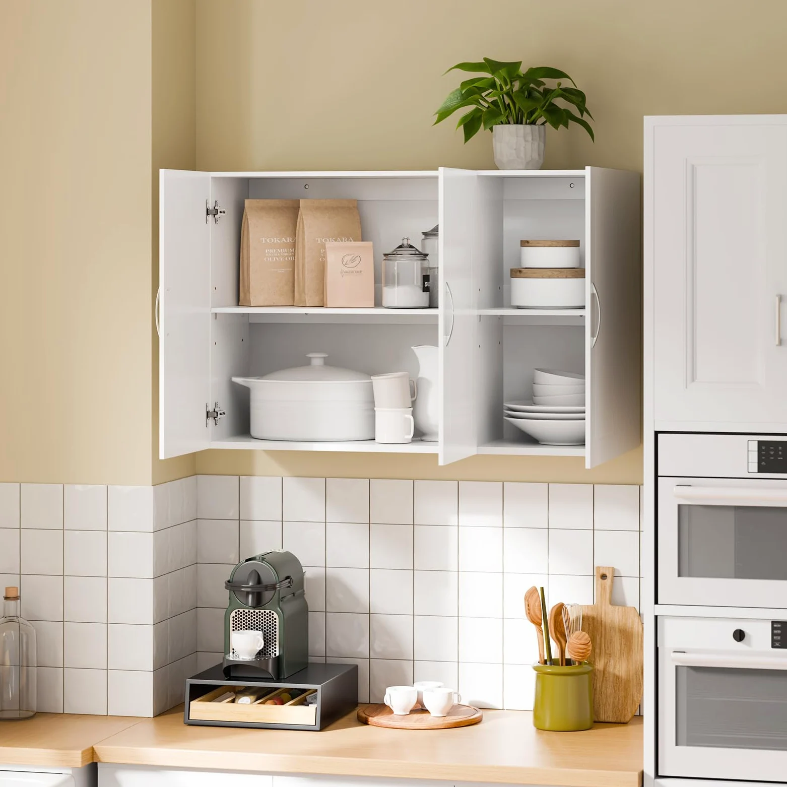 SoBuy Meuble Haut Cuisine avec 3 Portes & Étagères Réglables, Placard Cuisine Mural en MDF, Armoire Murale Cuisine pour Épices, Meuble Suspendu Cuisine, Charge 36kg, Blanc, 90x30x60cm, FRG231-L-W