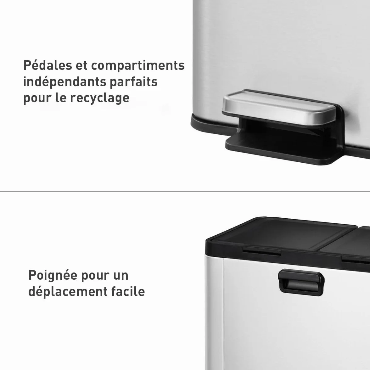 EKO Poubelle Cuisine Double Tri 2 Compartiments 20L + 20L | Acier Inoxydable Anti-Traces avec Pédale | Fermeture Silencieuse | sous Évier Compact Double