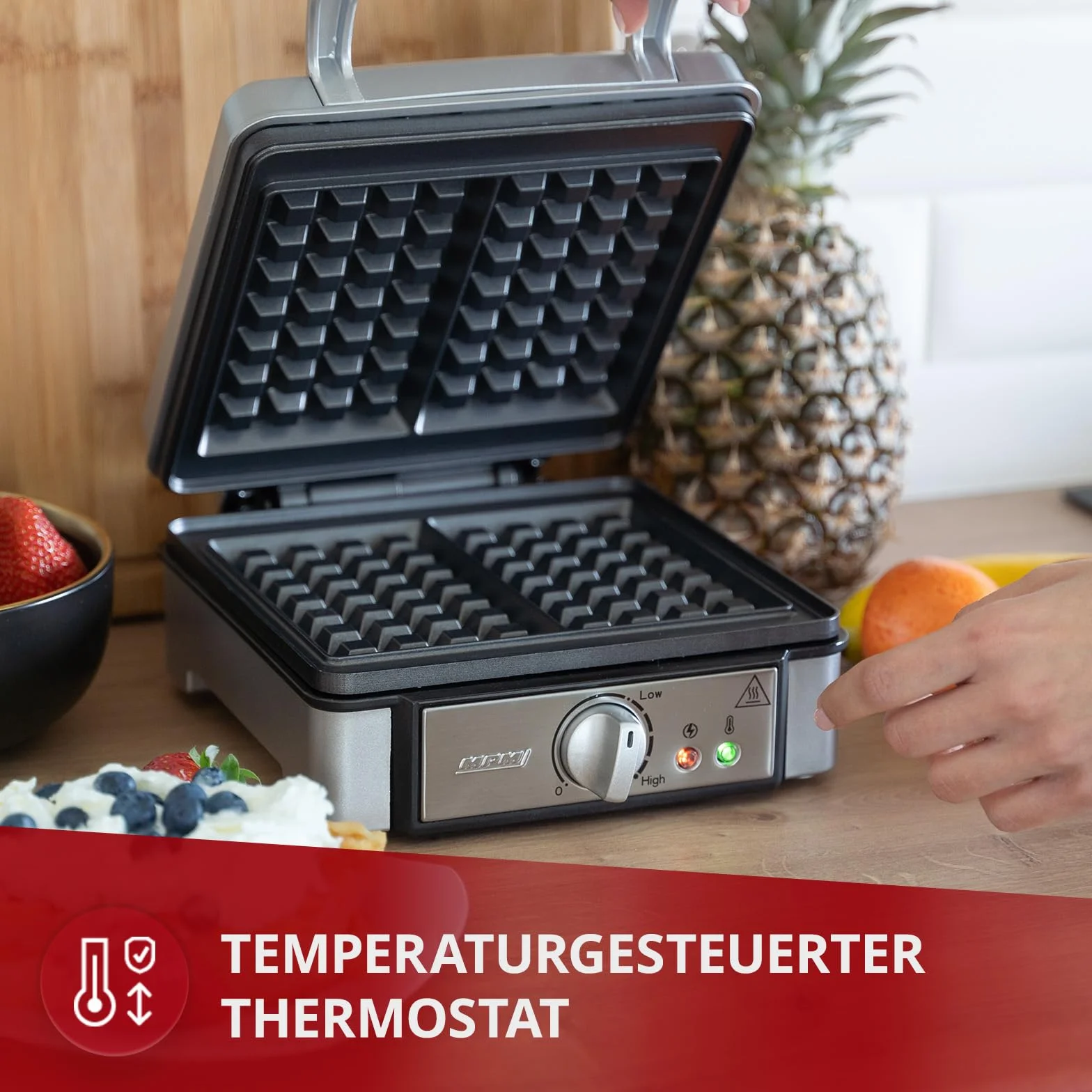 MPM MGO13 Gaufrier Professionnel pour 2 Gaufres Belges Épaisses, Plaques Antiadhésives, Régulateur de Température, Boîtier en Acier Inoxydable, 1400W