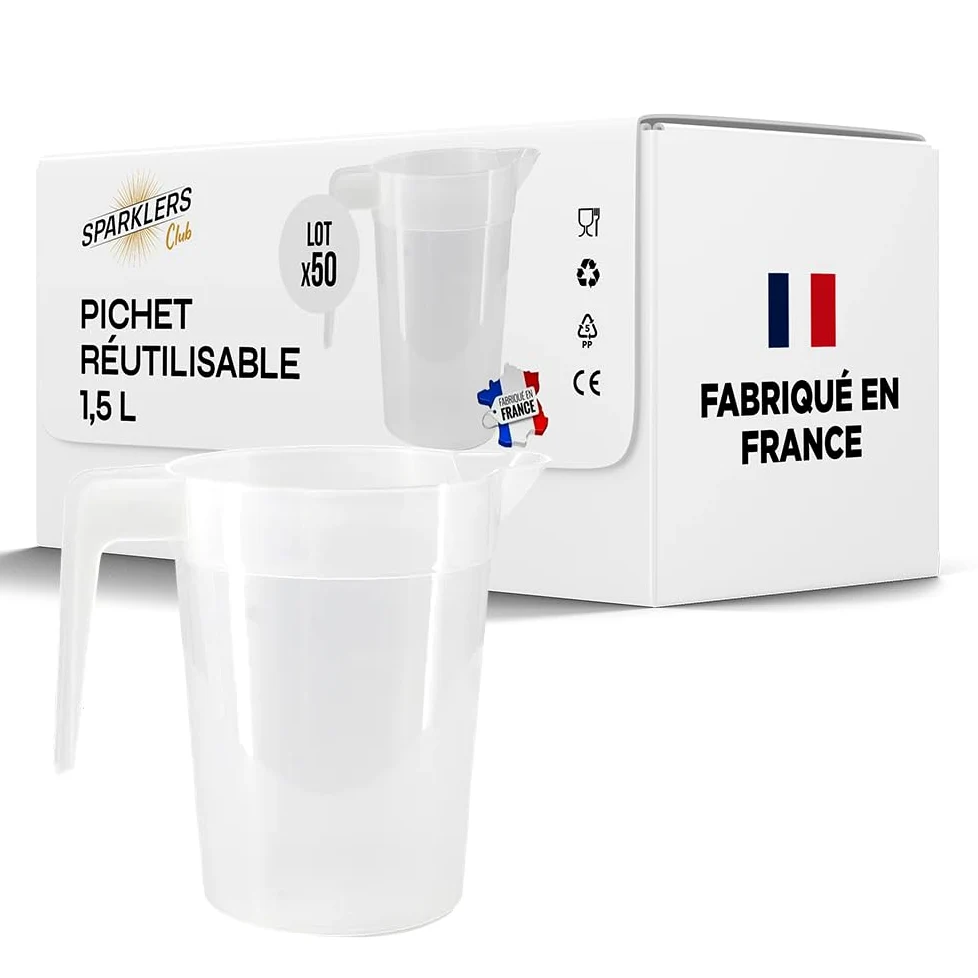 SPARKLERS CLUB Lot de 20 Pichets Réutilisables 1,5L en PP Alimentaire - Haute Résistance, Empilables, Compatibles Lave-Vaisselle (150 Lavages) - Parfait pour Événements et Collectivités
