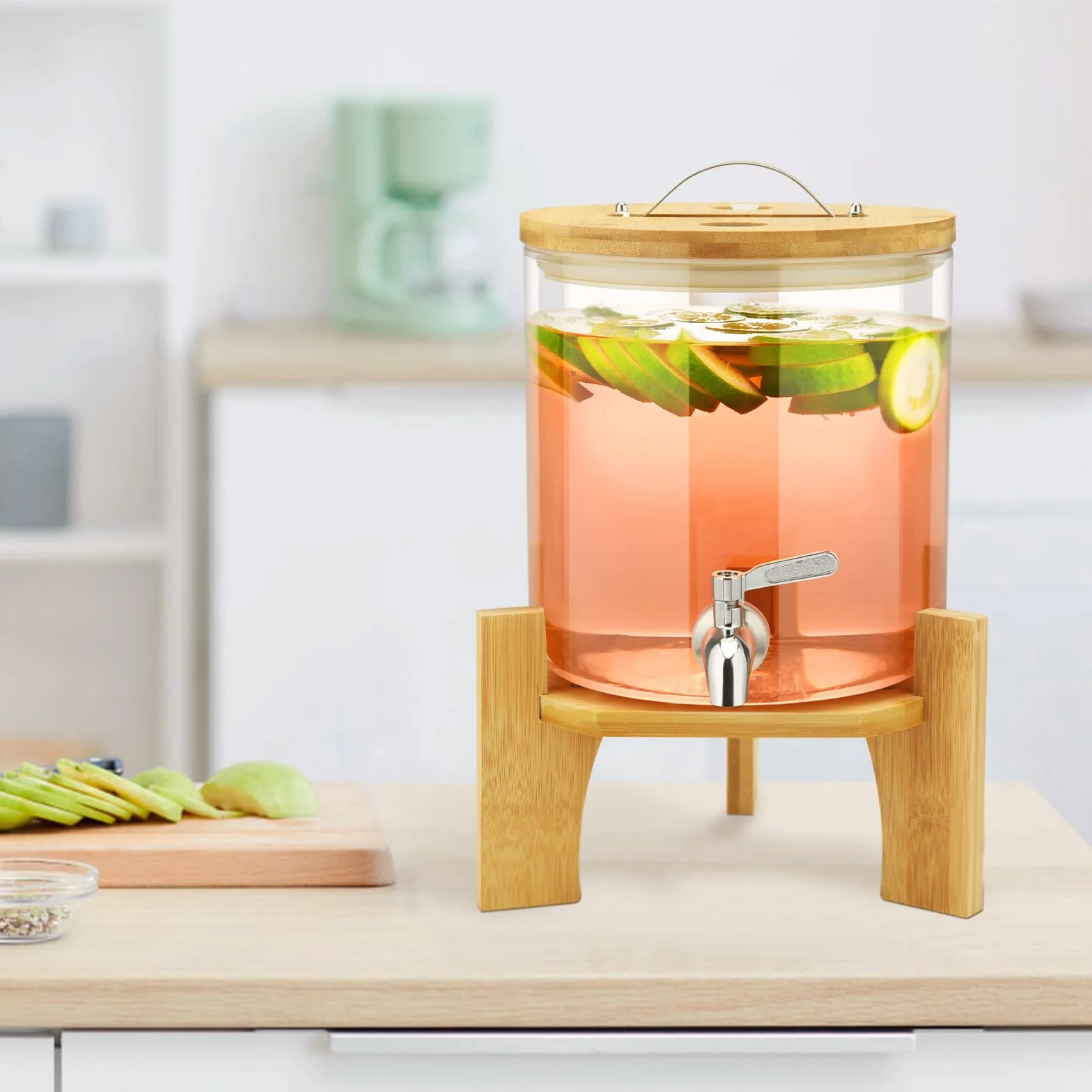 Hisredsun Distributeur De Boissons Chaudes Ou Glacées, 5L Distributeur Boissons Avec Support En Bois, Fontaine a Punch Pour Les Goûters à La Limonade Ou Les Goûters Au Thé, Lavable Au Lave-Vaisselle