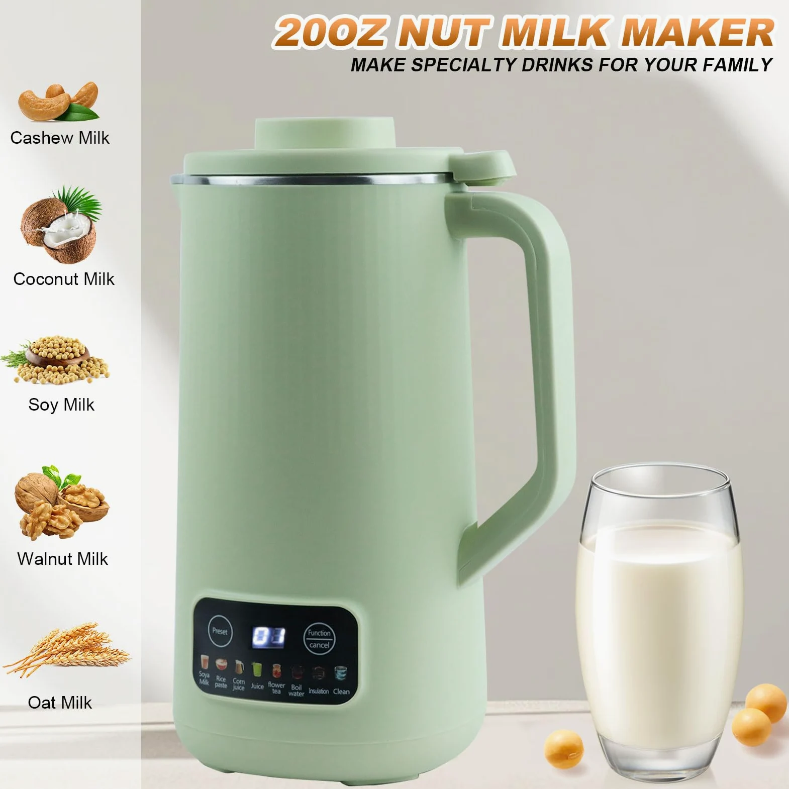 Machine à Lait Végétaux, Machine à Lait de Noix Automatique 600ml avec 10 Lames Démarrage Différé/Maintien au Chaud/Autonettoyant Blender Chauffant pour Noix Soja et Céréales (Vert)