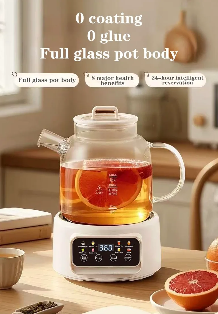 Théière Électrique Multifonction 1200ml, 8 Modes de Préparation, Base Chauffante avec Écran Digital, Carafe en Verre, Blanc