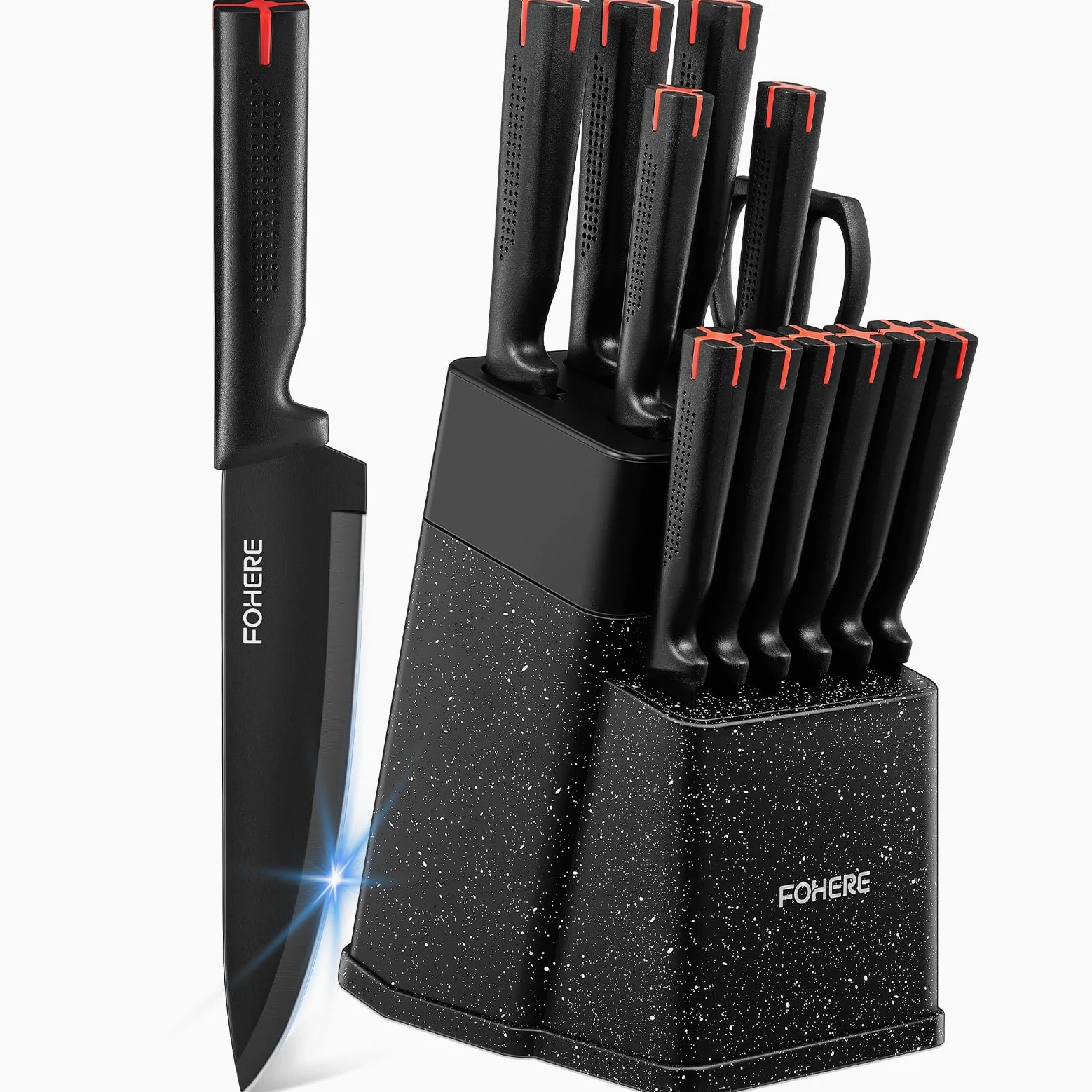 Couteaux de Cuisine avec Bloc, FOHERE 13 Pièces Couteaux de Table en Acier Inoxydable avec Affûteur Intégré, Bloc de Couteaux Professionnel avec Support,Granit Noir