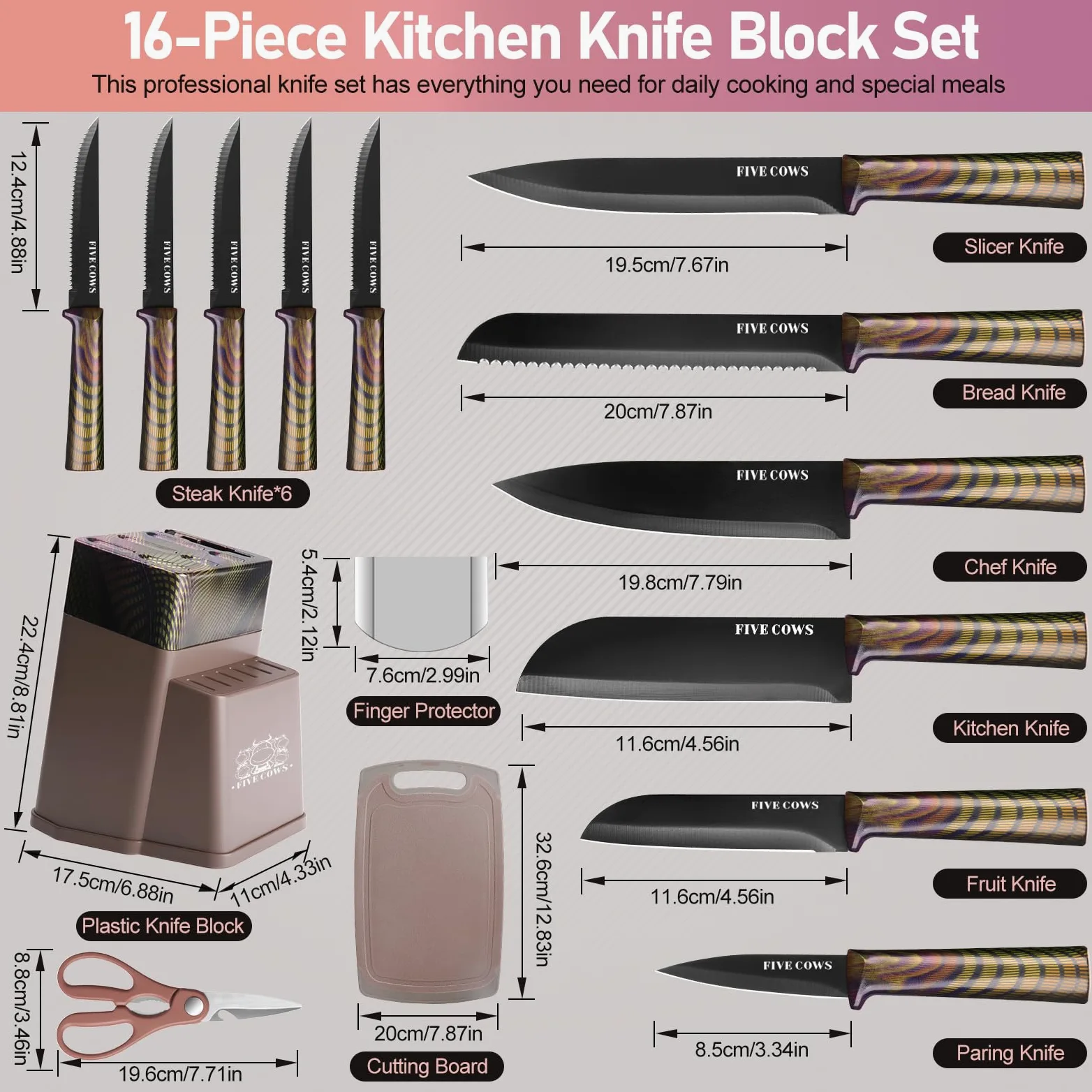 Couteau Cuisine, 16 pièces, Bloc couteaux de cuisine avec Affûteur Intégré, avec planche a decouper, ciseaux de cuisine et couteaux de chef, Couteaux et Ustensiles de Cuisine(Violet)