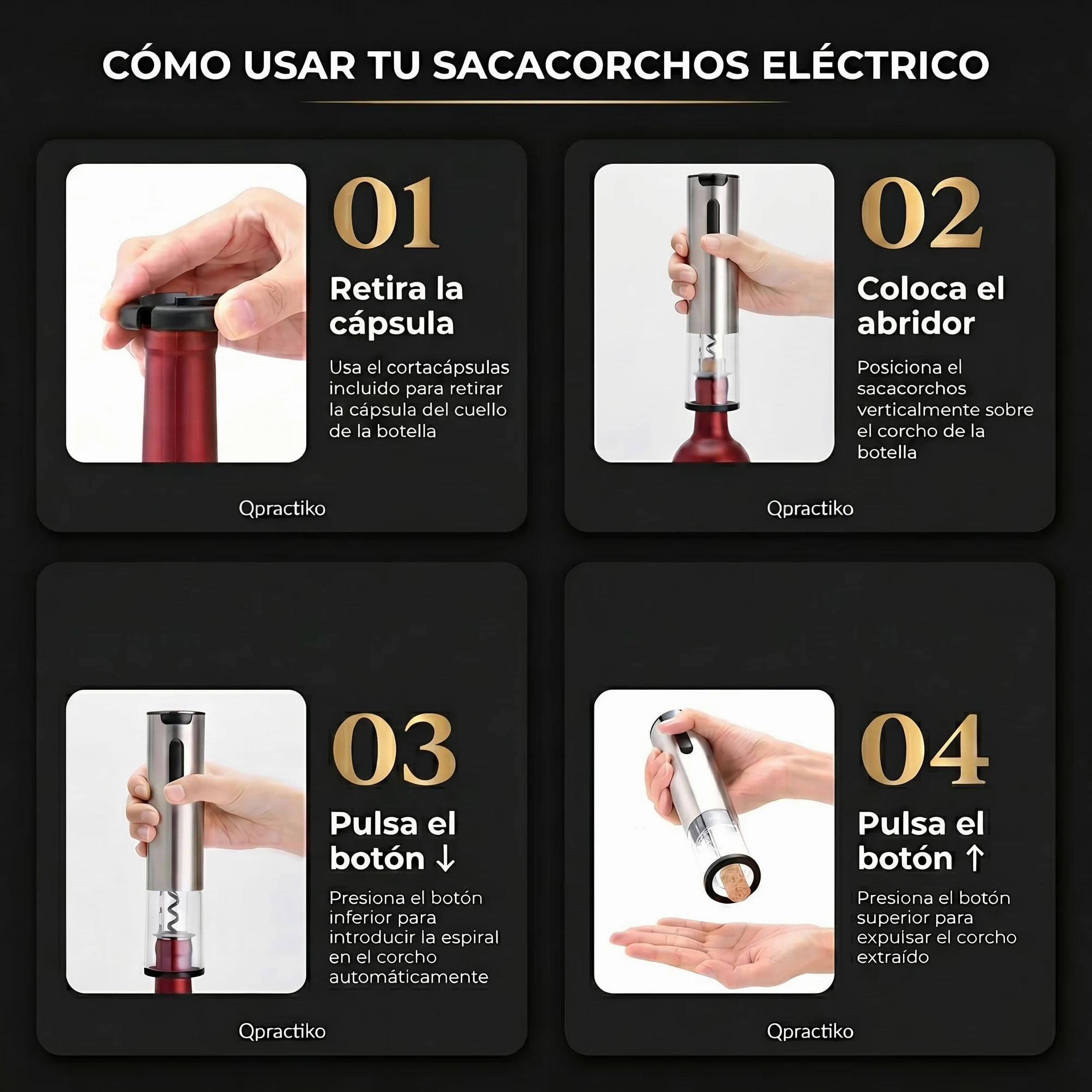 Tire-bouchon électrique rechargeable en acier inoxydable | LED, Chargeur USB, Coupe-capsules inclus, Batterie au lithium, Jusqu'à 70 bouteilles