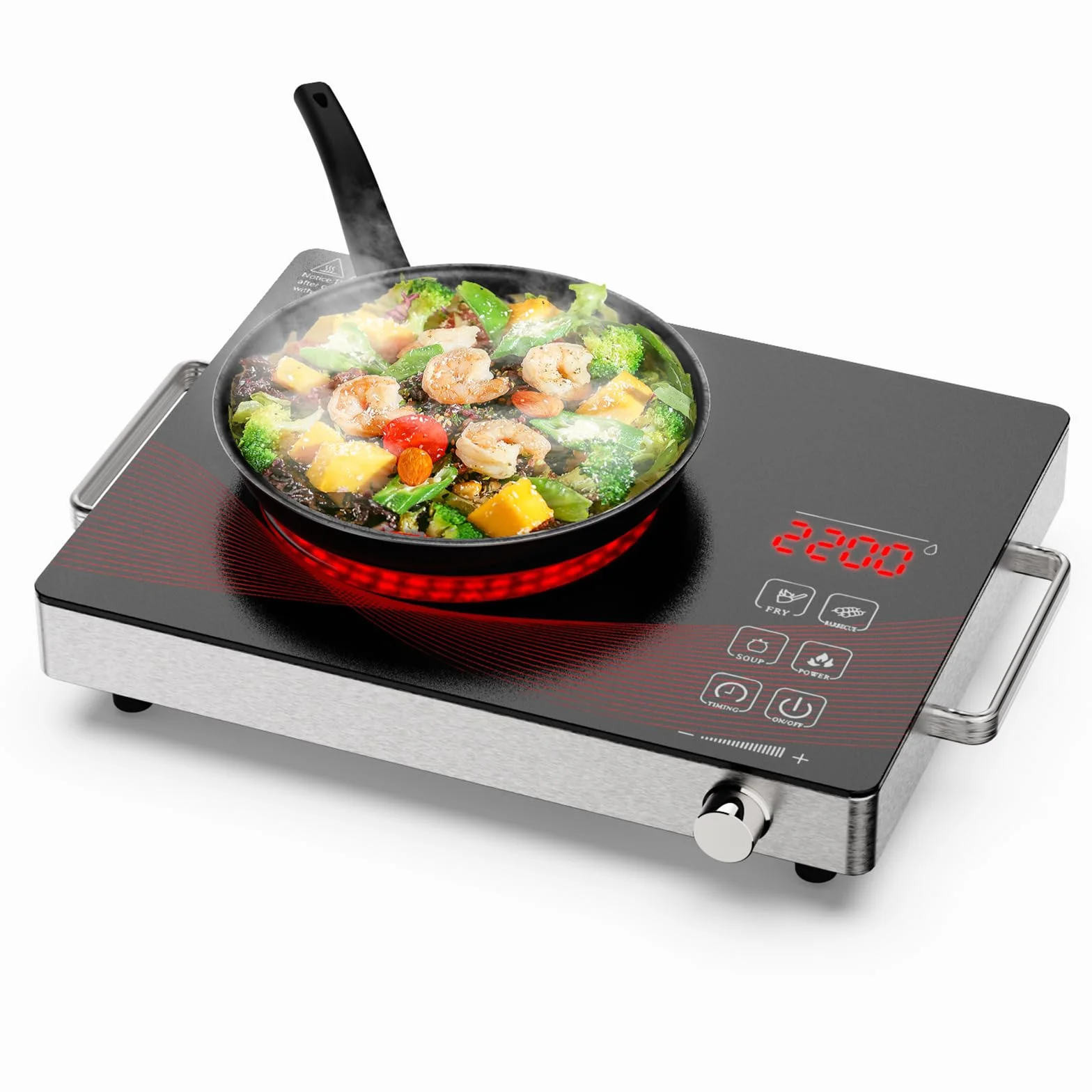 Plaque Vitrocéramique 1 Feu 2200W, Portable Plaque Électrique avec Minuterie, Verrouillage de Sécurité, Commande Bouton, Cuisson Sans Flamme, Surface en Verre Noir