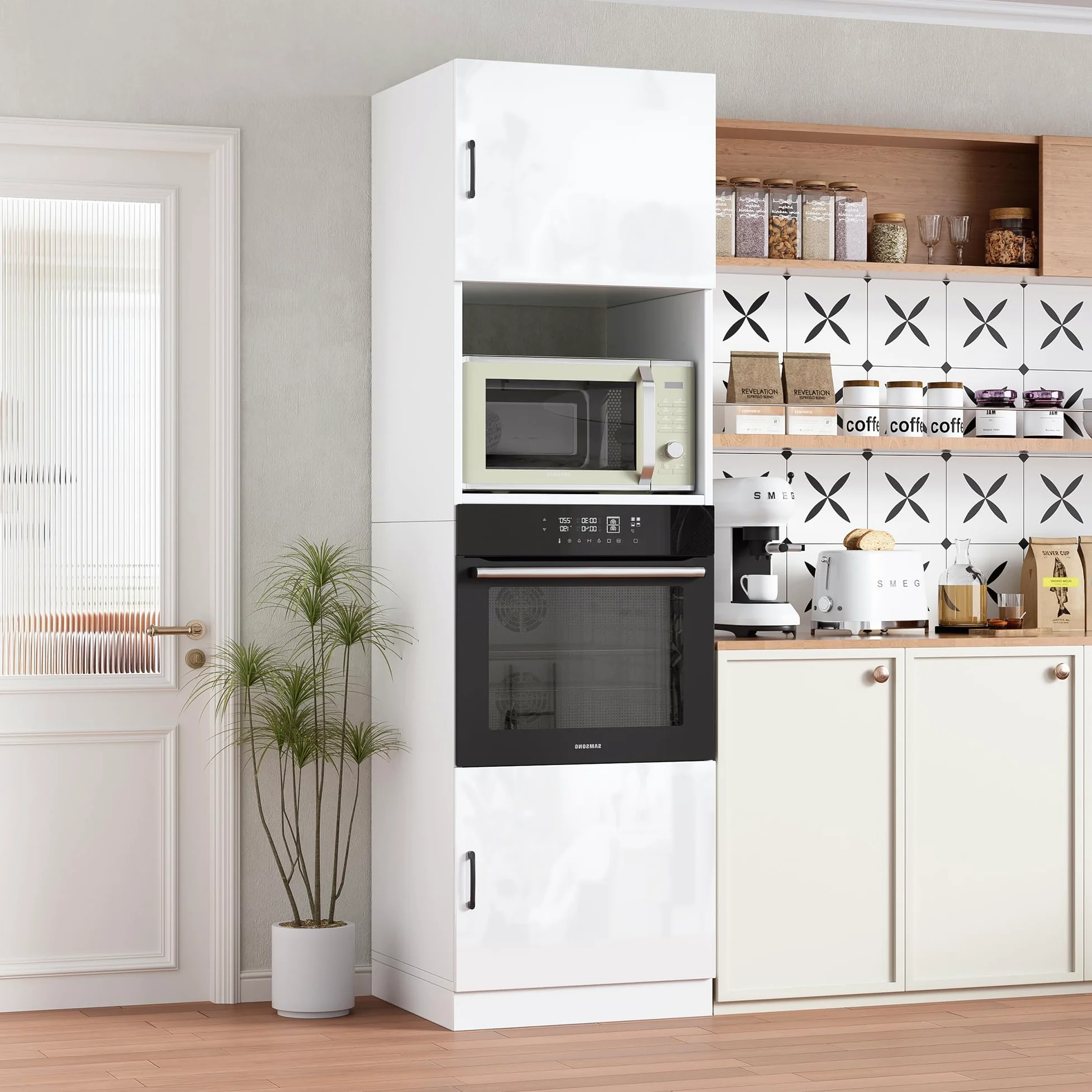 MSFE Colonne four et Micro Onde Encastrable,Armoire Micro-ondes 60x57.2x207cm,Armoire de Cuisine avec Étagère,Meuble de Rangement Salle à Manger Maison Intérieur,Blanc Très Brillant,Expédié en 2 Colis