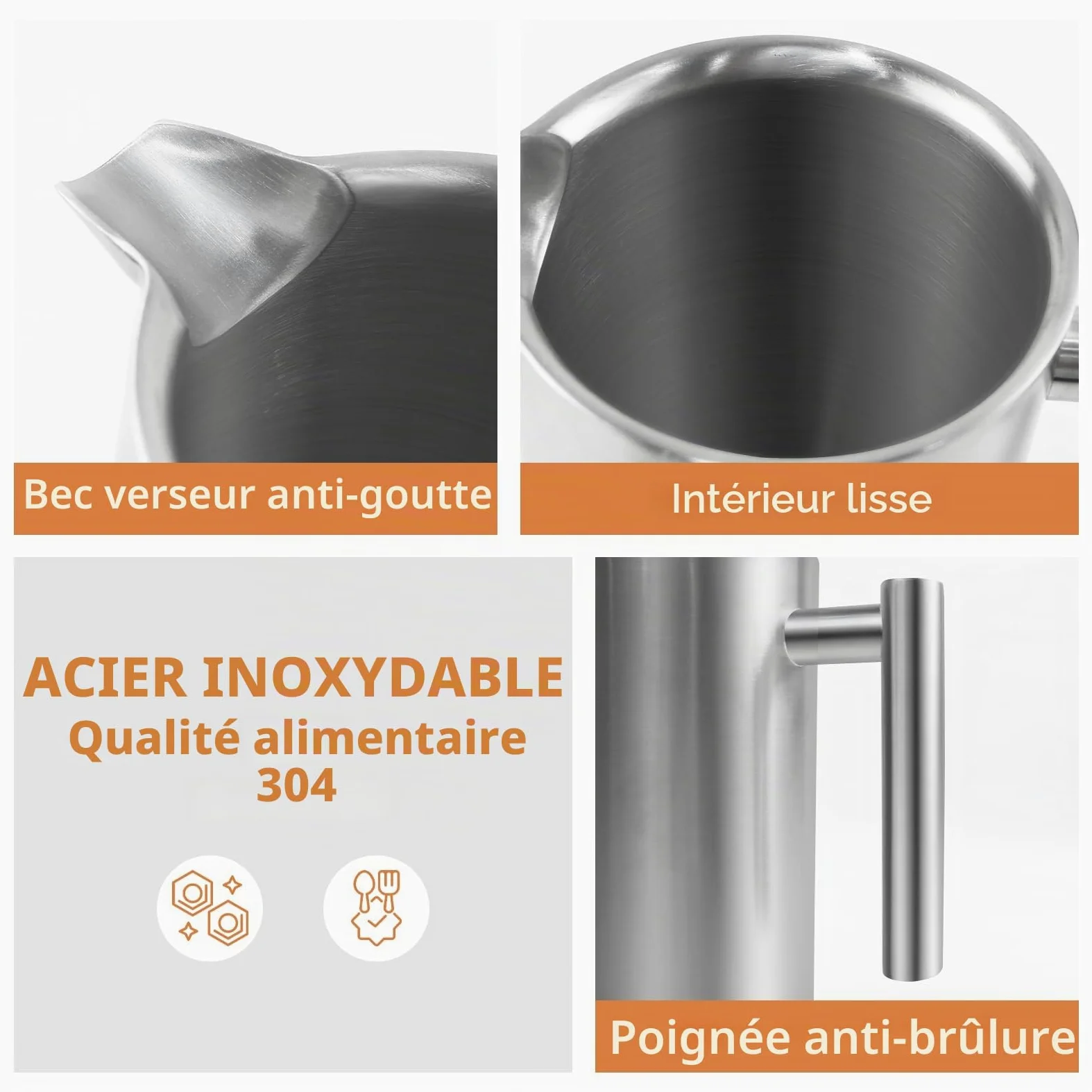 Cafetière à Piston 1L Inox Isotherme French Press 8 Tasses | 5 filtres de rechange en acier, 1000ml